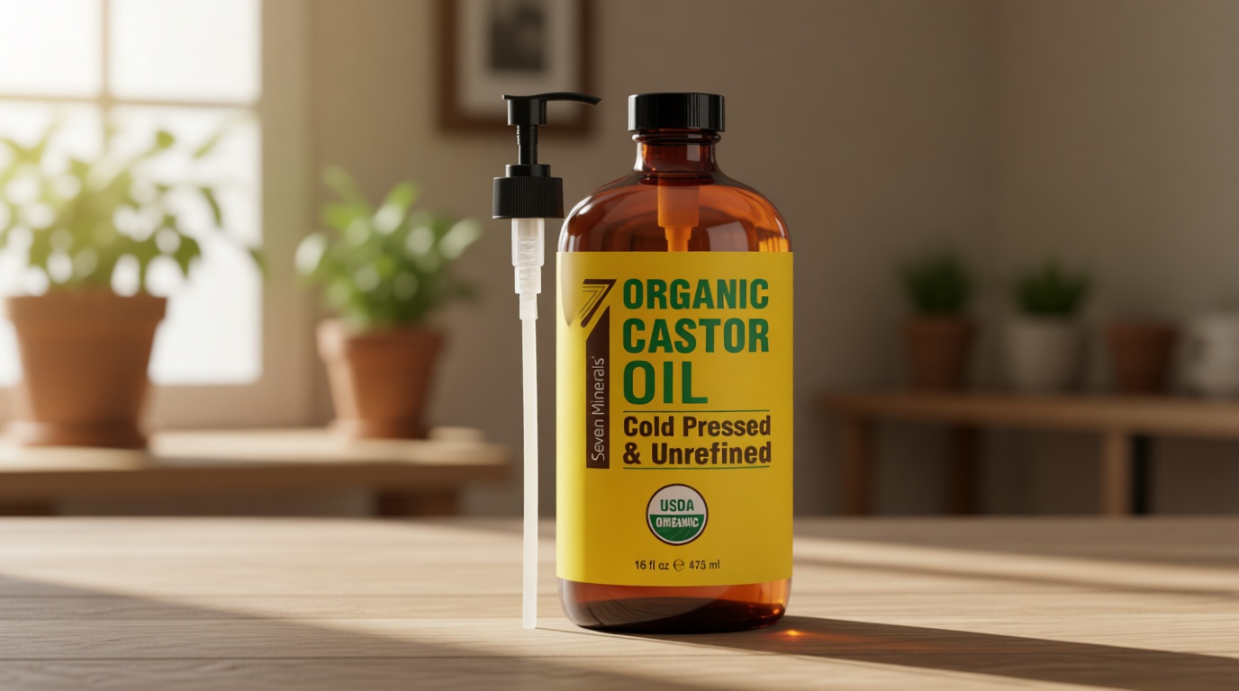 Seven Minerals New 16 fl oz Glass Bottle Castor Oil Organic Cold Pressed Unrefined Glass Bottle Pack - 100% Pure USDA Certified Organic Hexane Free USDA Organic