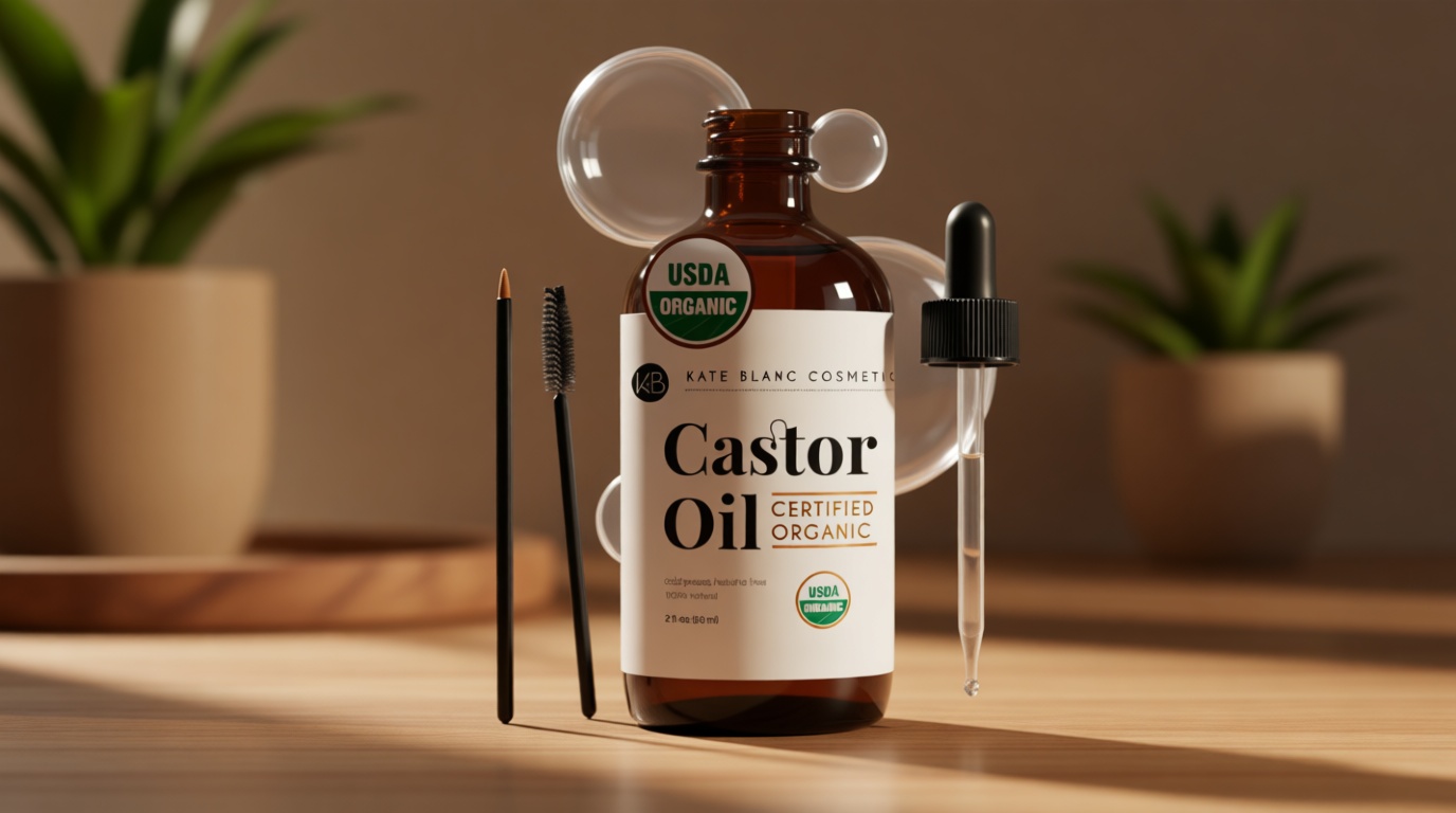 Kate Blanc Cosmetics Castor Oil Organic for Hair, Lashes, Face (2oz), 100% Pure, Cold Pressed, Hexane Free Hair Oil. Lash Serum for Thicker-Looking Eyelashes & Eyebrows USDA Organic