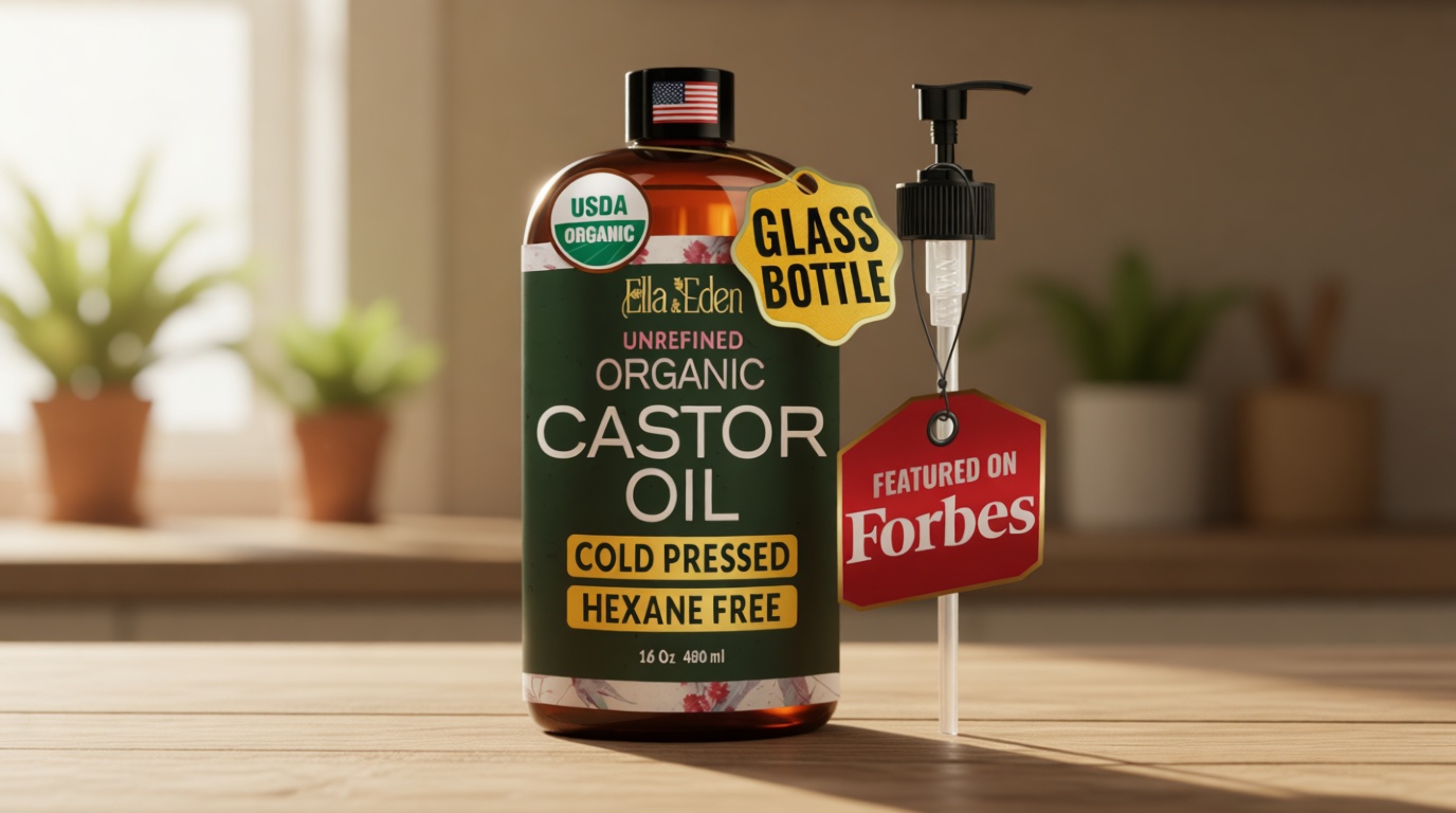 Ella & Eden USDA Organic Castor Oil – Cold Pressed Hexane-Free - Glass Bottle - For Hair Growth, Face, Eyelash, Skin, Stomach - 100% Pure Unrefined 16 Fl Oz USDA Organic