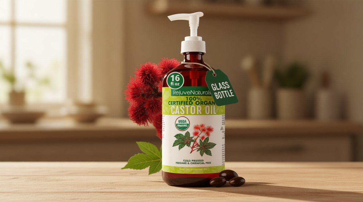RejuveNaturals Castor Oil (16oz Glass Bottle) USDA Certified Organic, 100% Pure, Cold Pressed, Hexane Free. Boost Hair Growth for Thicker, Fuller Hair, Lashes & Eyebrows. USDA Organic