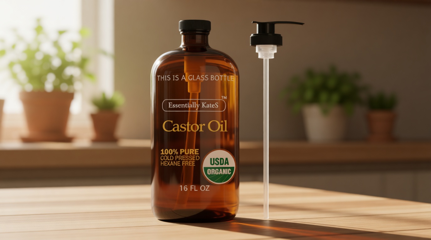 Essentially KateS Castor Oil 16 Fl Oz (Glass Bottle) - 100% Cold Pressed - USDA Organic Certified - Skin Care, Nail Care, Hair Care and Body Care USDA Organic