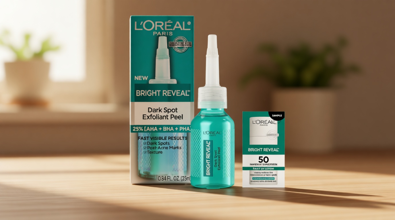 L'Oreal Paris Bright Reveal Dark Spot Exfoliant Peel, 25% AHA BHA PHA Face Exfoliator Solution, Gentle Skincare to Visibly Reduce Dark Spots and Renew Skin Texture, Includes SPF Lotion Sample