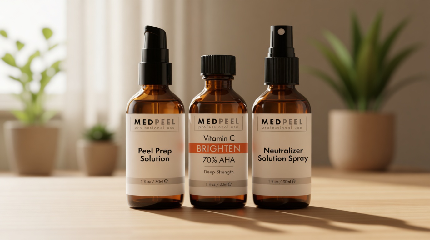 Medpeel 70% AHA & Vitamin C Brightening Essential Chemical Peel at Home Kit, Includes Peel, Prep, Neutralizer, Deep Strength Professional Grade Chemical Face Peel, Reduces Age Spots, 1oz/30ml