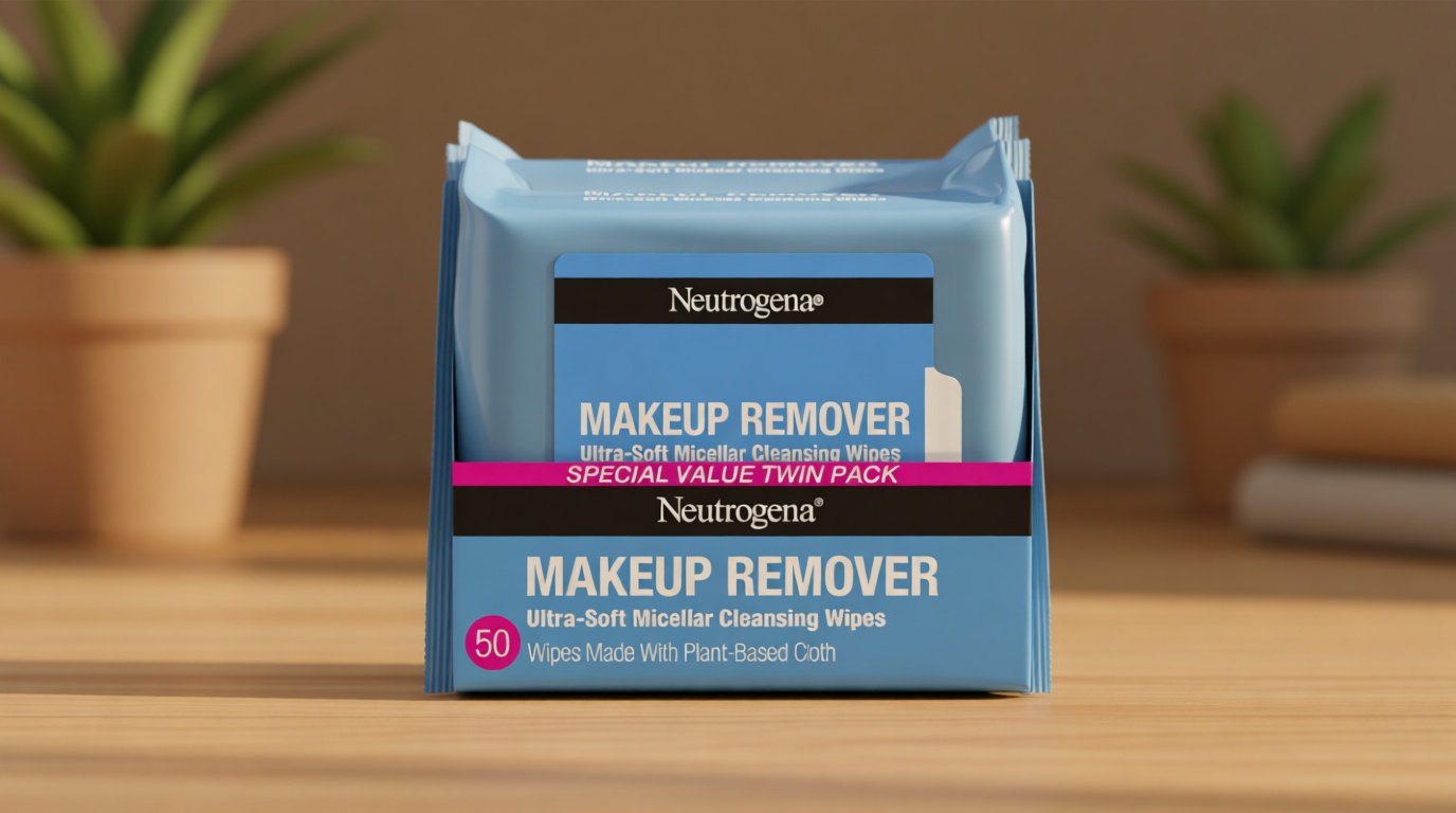 Neutrogena Makeup Remover Wipes Micellar Alcohol-Free Face Towelettes Remove Waterproof Mascara & Oil, Compostable 100% Plant-Based Cloth, Dermatologist & Ophthalmologist Tested, Twin Pack 2 x 25 ct