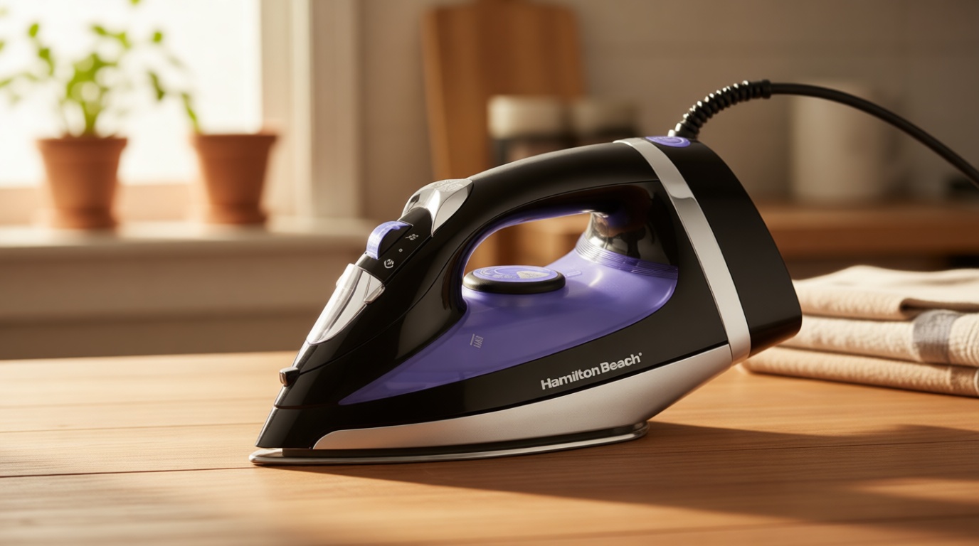 Hamilton Beach Steam Iron for Clothes & Garment Steamer with Smooth Press Stainless Steel Soleplate, 1200 Watts, 8’ Retractable Cord, Black (14214)