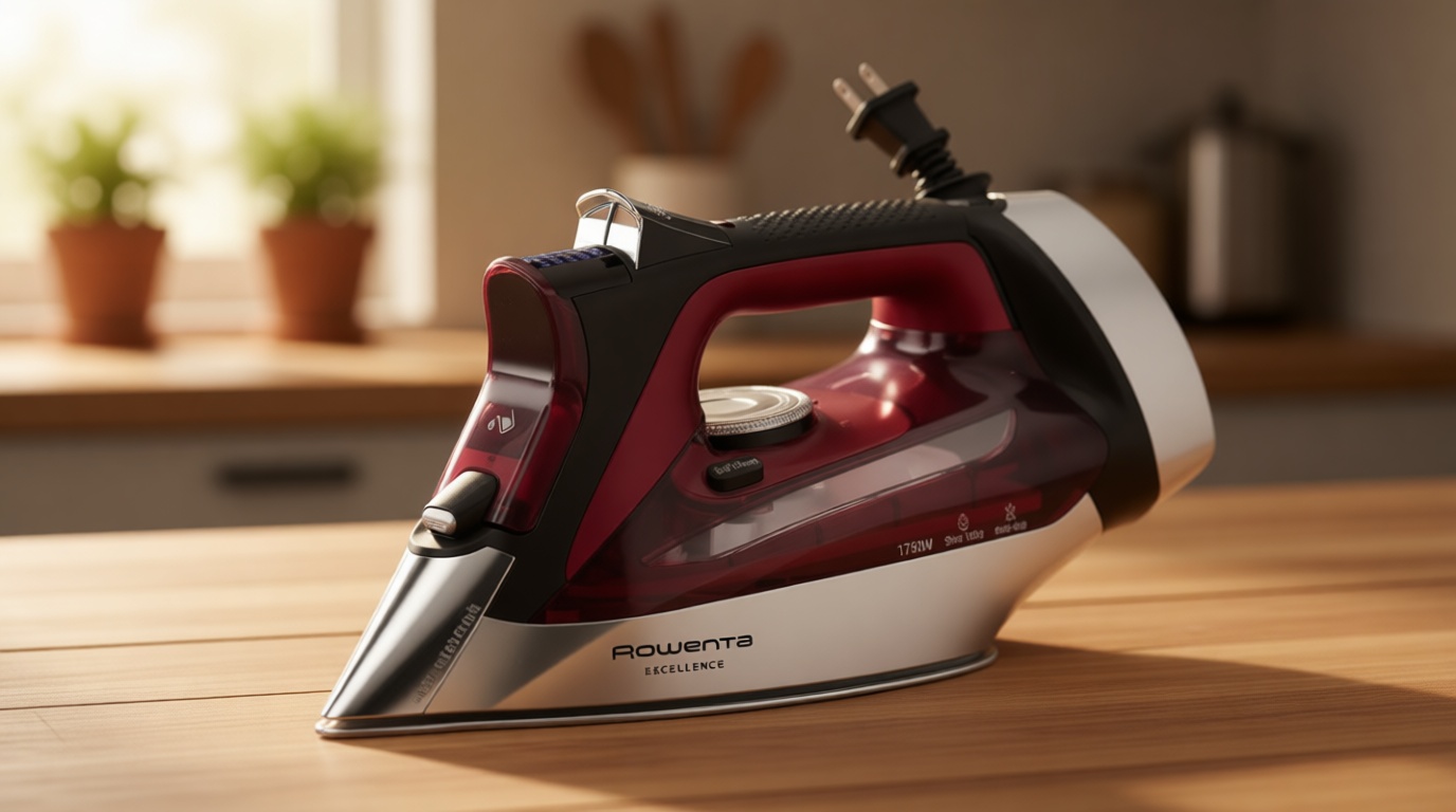 Rowenta Iron, Focus Excellence Stainless Steel Soleplate Steam Iron for Clothes, Retractable Cord, 400+ Microsteam Holes, Powerful steam, LED Display, 1750 W Ironing Clothes, Cordreel, Red DW5433