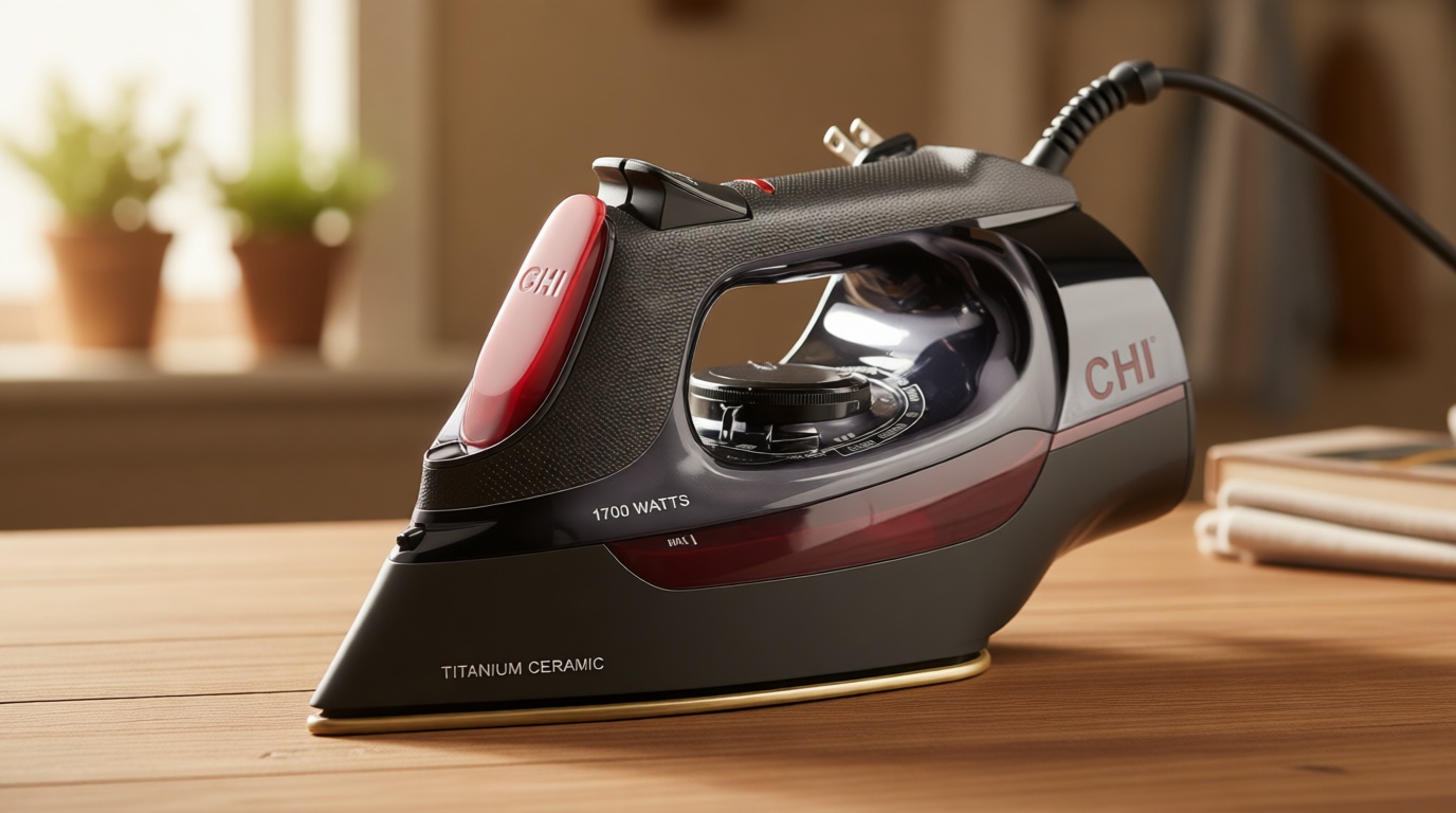 CHI Steam Iron for Clothes with 8’ Retractable Cord, 1700 Watts, 3-Way Auto Shutoff, 400+ Holes, Professional Grade, Temperature Control Dial, Titanium Infused Ceramic Soleplate, Black/Chrome (13109)