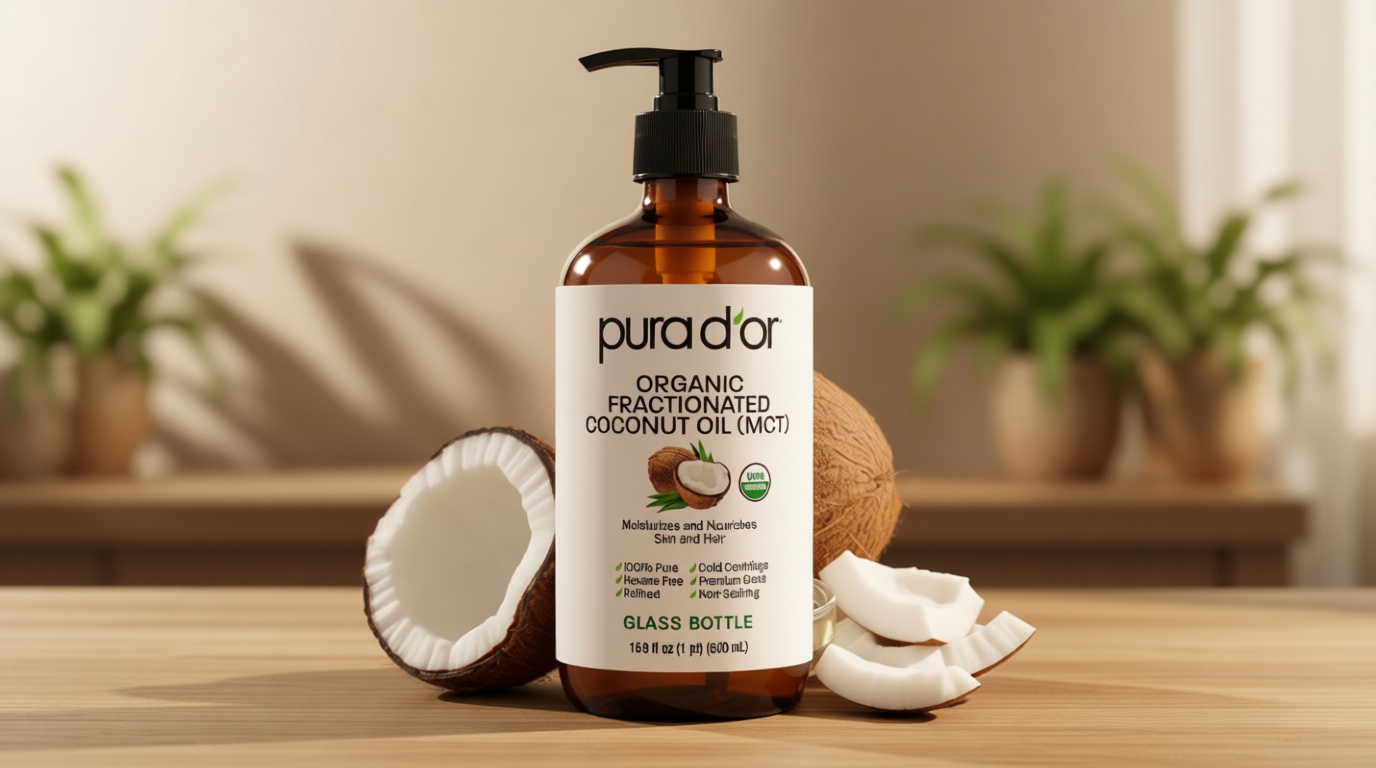PURA D'OR ORGANIC Fractionated Coconut Oil MCT Oil (16.9 Oz GLASS BOTTLE) 100% Pure & Natural USDA Certified Cold Pressed - Unscented, Hexane Free Moisturizer For Face, Skin & Hair Tonic - Men & Women USDA Organic