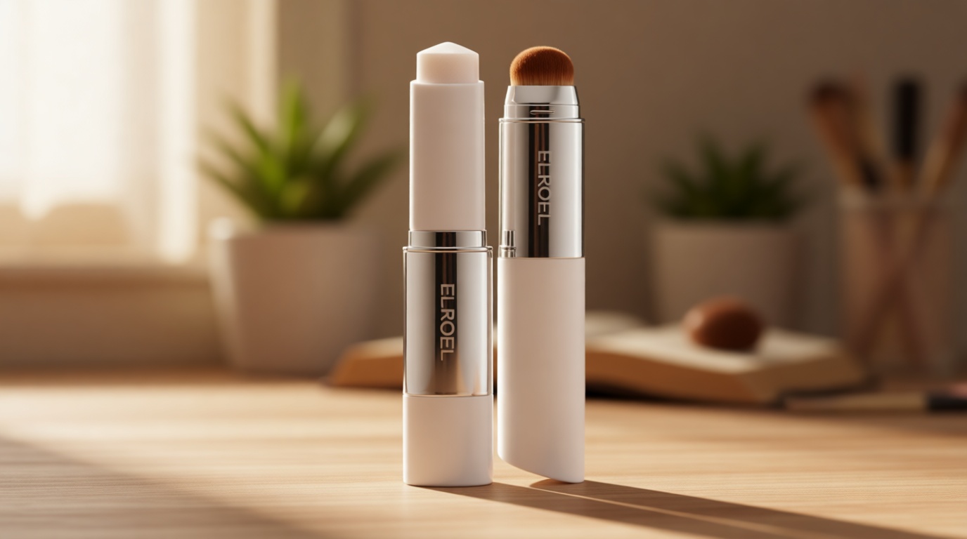 ELROEL BLANC Cover Cream Stick V - Korean Color-Changing Foundation with Detachable Brush - Full to Medium Coverage Base Makeup (201 Light, 0.45 oz)