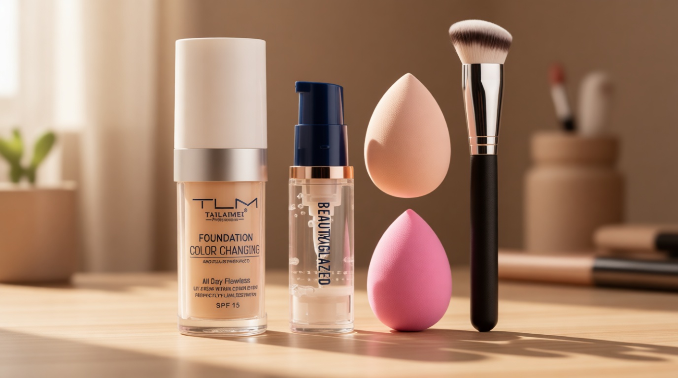 5PCS TLM Colour Changing Foundation Makeup Set Matte Liquid Full Coverage Oil Control Breathable Invisible Cover Concealer Foundation with Face Primer, Foundation Brush, Makeup Sponge