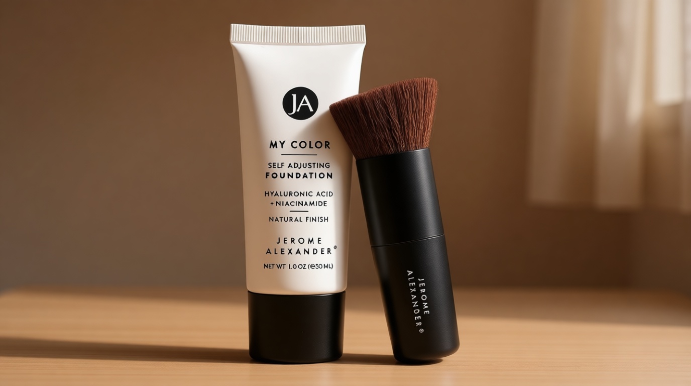 Jerome Alexander My Color Self-Adjusting Foundation, Hydrating & Lightweight Face Makeup, Skincare-Infused, with Kabuki Brush, Medium, 1 oz