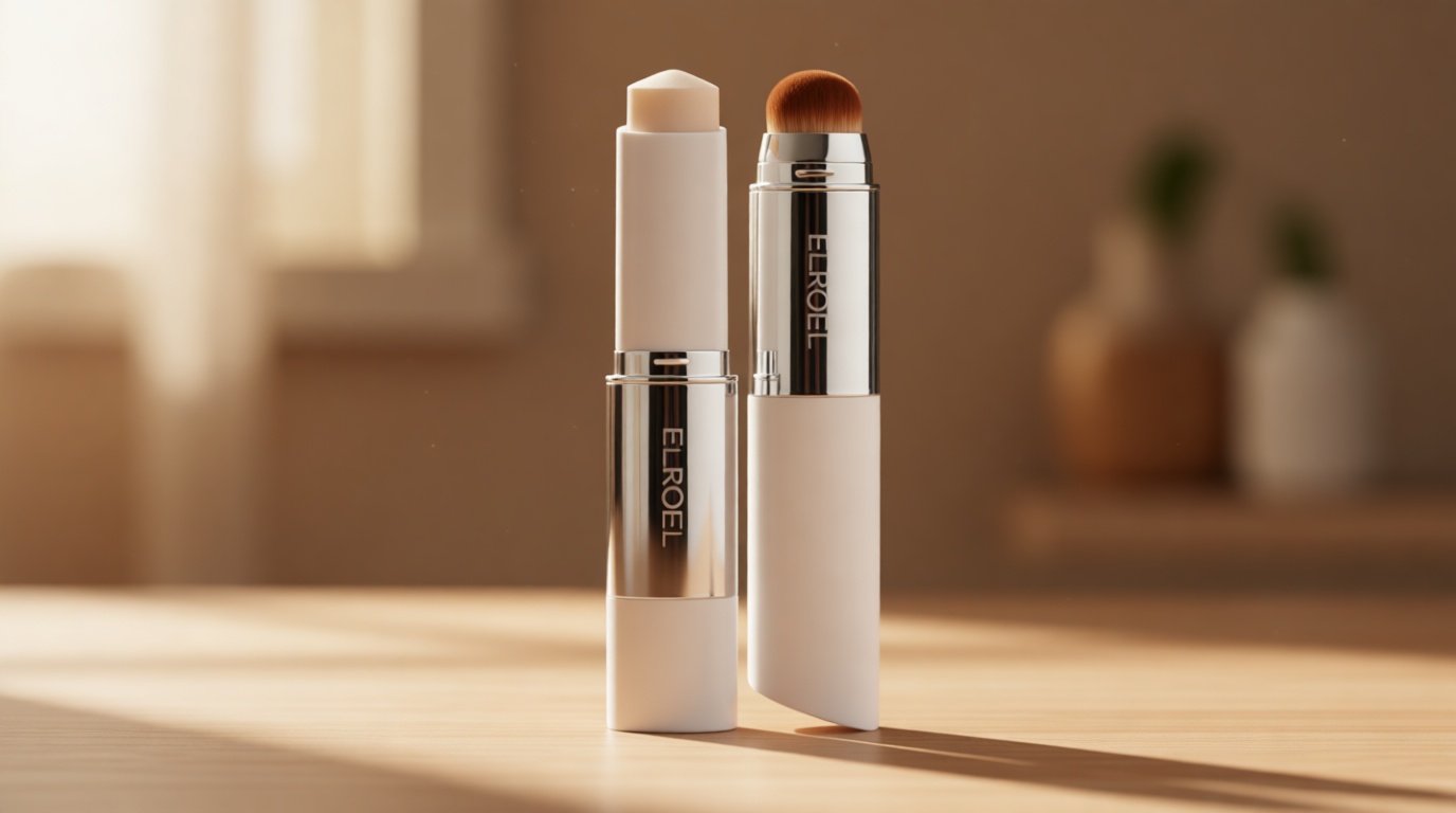 ELROEL Blanc Cover Cream Stick V White 0.45 oz - Korean Color-Changing Foundation Stick with Volufiline - Medium to Full Coverage Dewy Finish Base Makeup - Dual-Ended Detachable Brush (#202 Natural)