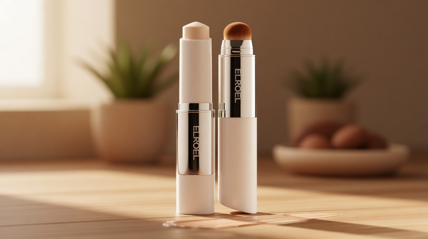 ELROEL Blanc Cover Cream Stick V White - Korean Color-Changing Foundation Stick with Volufiline - Medium to Full Coverage Dewy Finish Base Makeup - Dual-Ended with Detachable Brush (203 Medium)