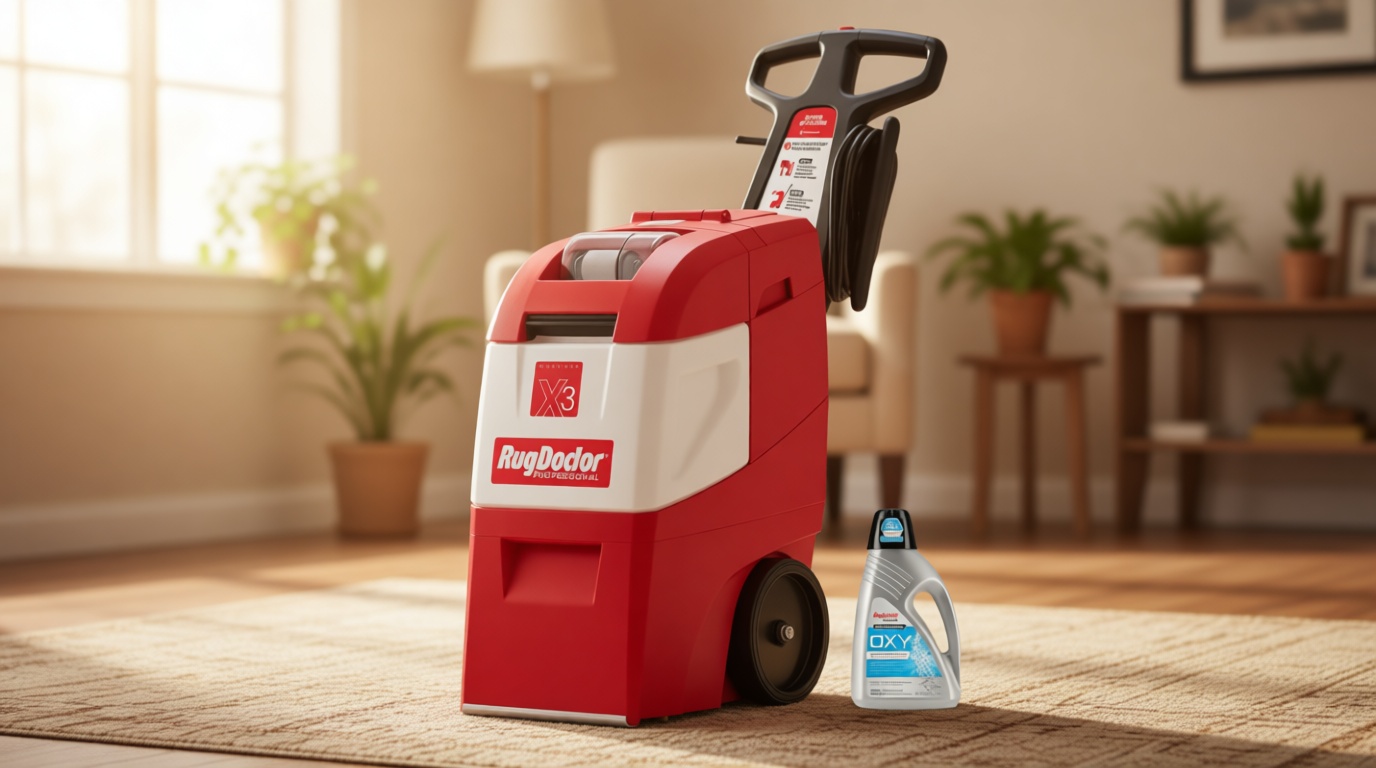 Rug Doctor X3 Commercial Carpet Cleaner – Large Red Oxy Pro Pack, Exclusive Vibrating Brush Spray Scrub and Extract Embedded Dirt and Grime, 48 oz. Oxy Cleaning Solution