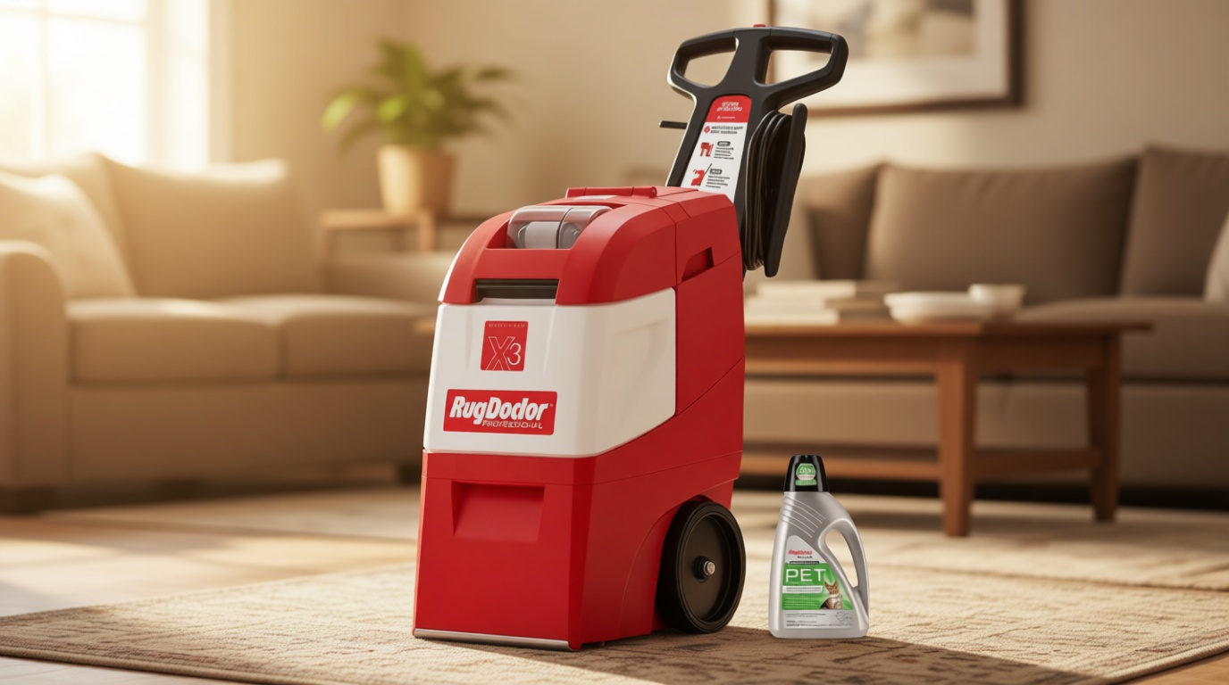 Rug Doctor Mighty Pro X3 Commercial Carpet Cleaner – Large Red Pet Pack, Includes 48 oz. Pet Carpet Cleaner Solution, Commercial Carpet Cleaning Machine, Powerful One Pass Cleaning System