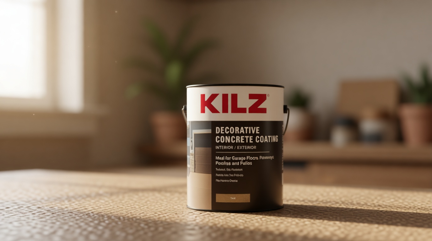 KILZ Decorative Concrete Coating, Slip-Resistant Tan Paint with Stone-Like Speckled Finish, Interior/Exterior Use on Garages, Patios, Driveways, Pool Decks & Walkways, 1 Gallon