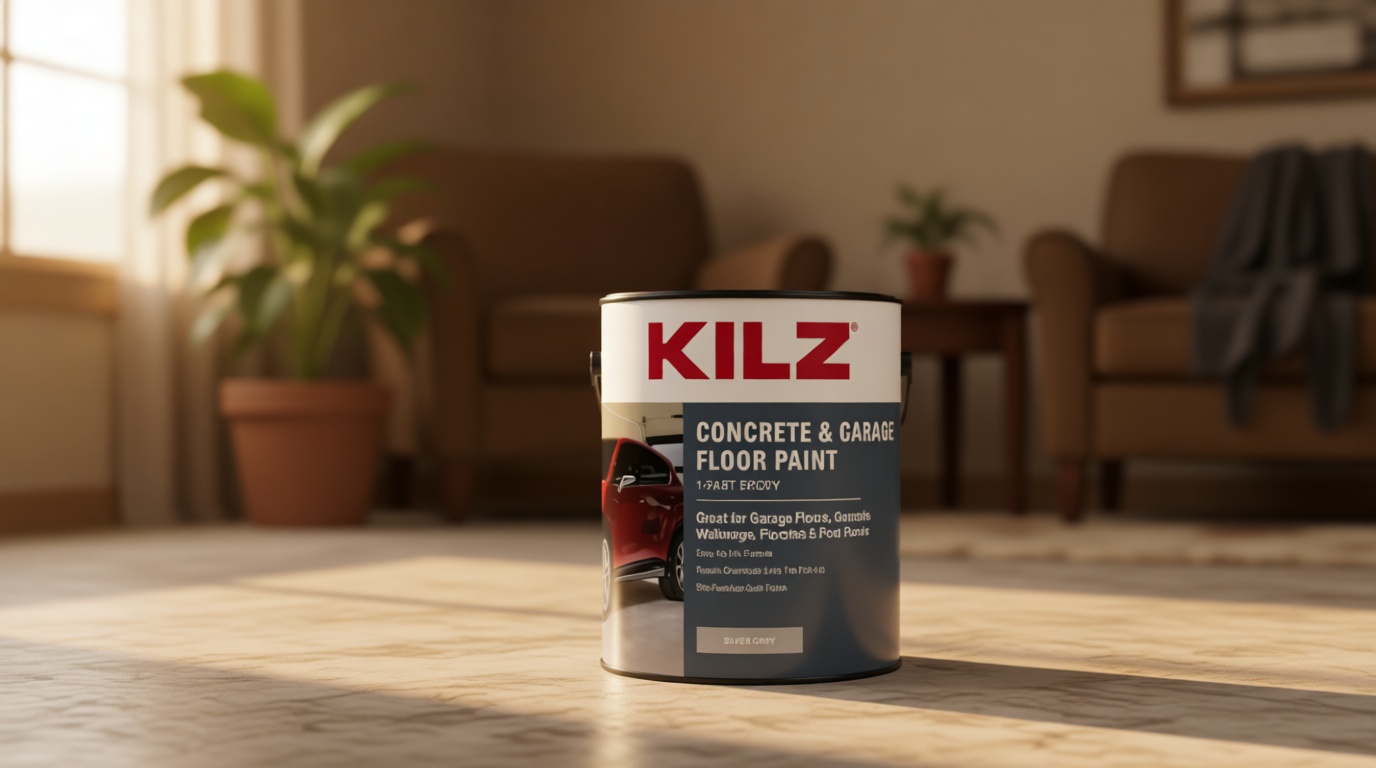 KILZ 1-Part Epoxy Acrylic Concrete & Garage Floor Paint, Silver Gray, Satin, Interior/Exterior Concrete Paint for Basement Floors, Porches, Driveways & Pool Decks, 1 Gallon