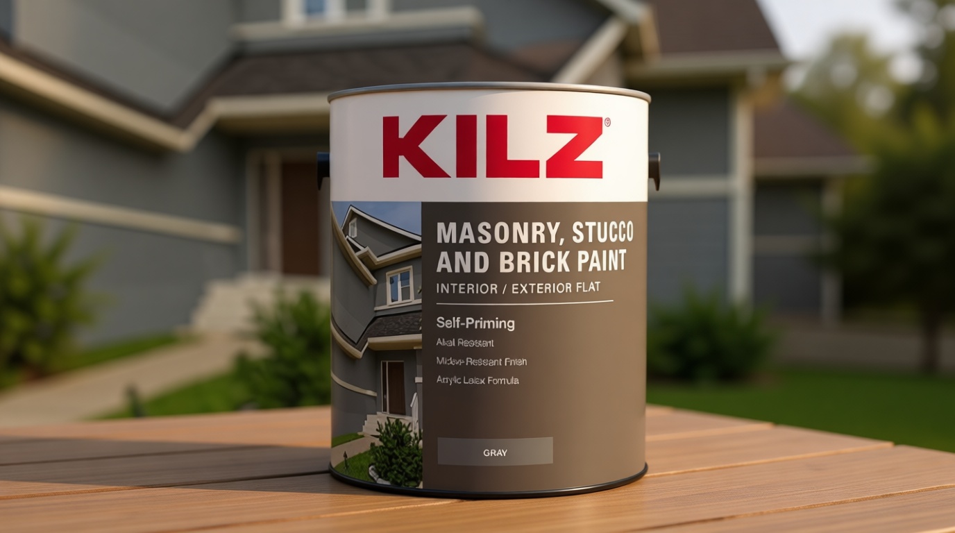 KILZ Self-Priming Masonry, Stucco and Brick Paint, Interior/Exterior, Flat, Gray, 1 Gallon