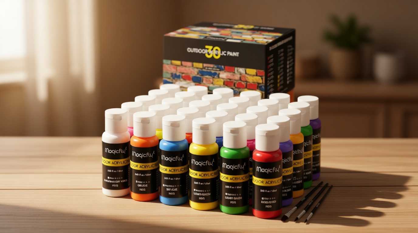 Magicfly Outdoor Acrylic Paint, Set of 30 Colors/Tubes (60 ml, 2 oz.) with Storage Box, Rich Pigments, Multi-Surface Paints for Rock, Wood, Fabric, Leather, Paper, Crafts, Canvas and Wall Painting