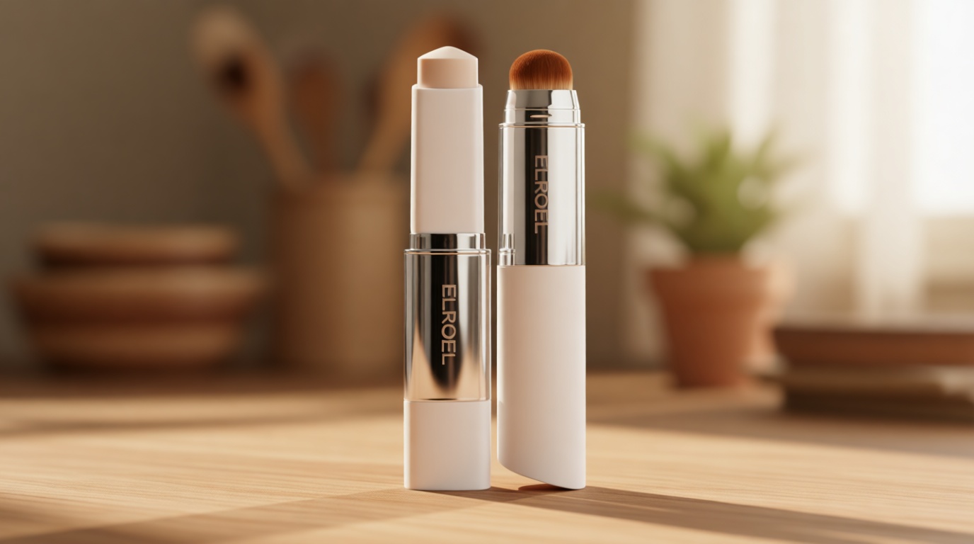 ELROEL Blanc Cover Cream Stick V White - Korean Color-Changing Foundation Stick with Volufiline - Medium to Full Coverage Dewy Finish Base Makeup - Dual-Ended with Detachable Brush (203 Medium)