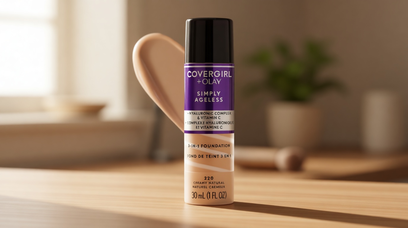 COVERGIRL & Olay Simply Ageless 3-in-1 Liquid Foundation, Matte Finish, Hyaluronic & Vitamin C Formula, 220 Creamy Natural, 1 Count