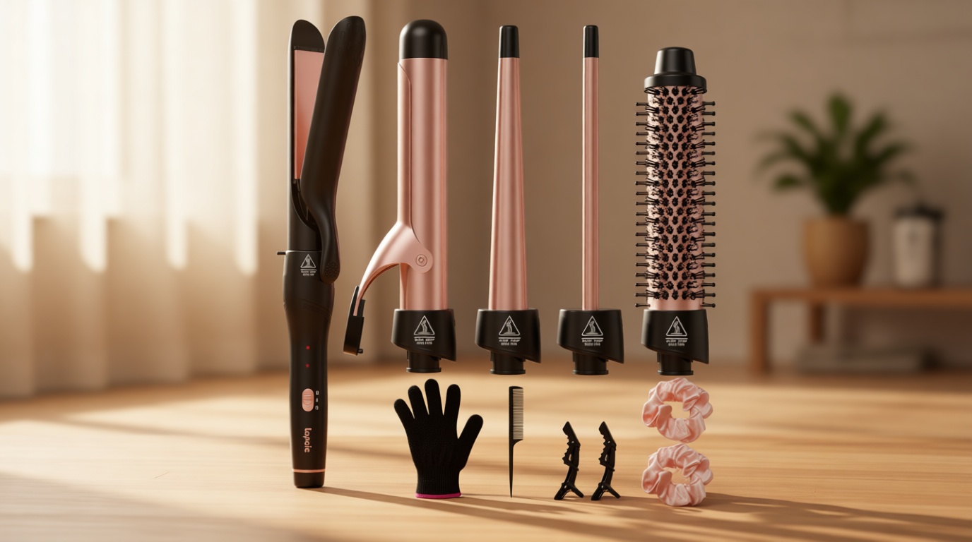 Lopeie 5 in 1 Curling Iron with Thermal Brush and 4 Interchangeable Ceramic Barrels(1/2 to 1 1/2 inch), Curling Wand Set with Flat Iron, Fast Heating, Dual Voltage Hair Curler, Mothers Day Gifts Global Recycled Standard