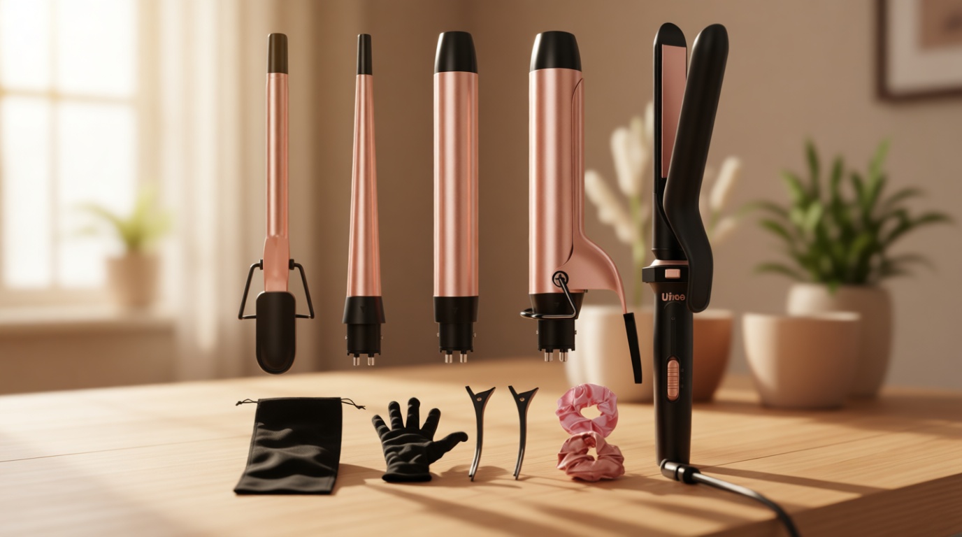 Ufree 5 in 1 Curling Iron with Interchangeable Ceramic Barrels (0.35"-1.25"), Curling Wand Set with Flat Iron Hair Straightener, Instant Heat Up, Dual Voltage Hair Curler, Gifts for Women