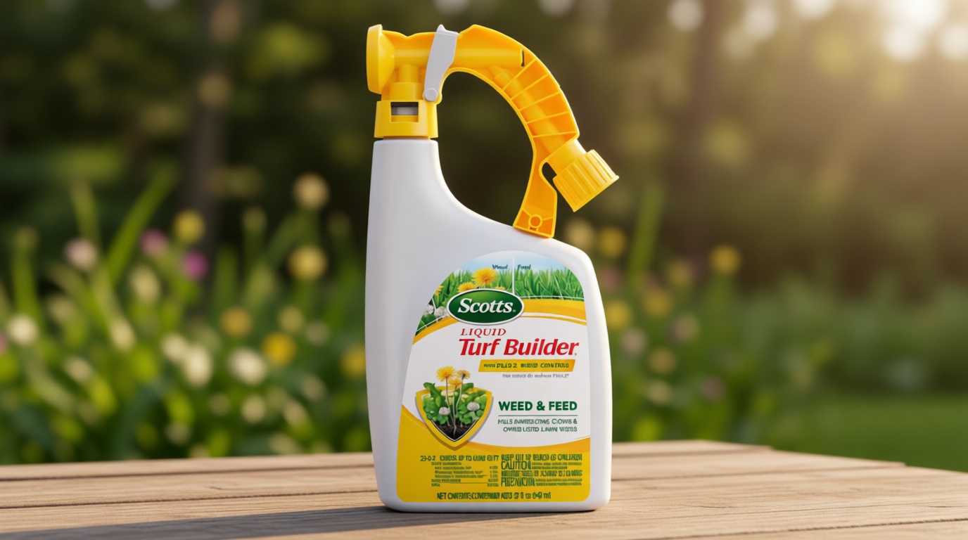 Scotts Liquid Turf Builder with Plus 2 Weed Control Fertilizer, 32 fl. oz. - Weed and Feed - Kills Dandelions, Clover and Other Listed Lawn Weeds - Covers up to 6,000 sq. ft.