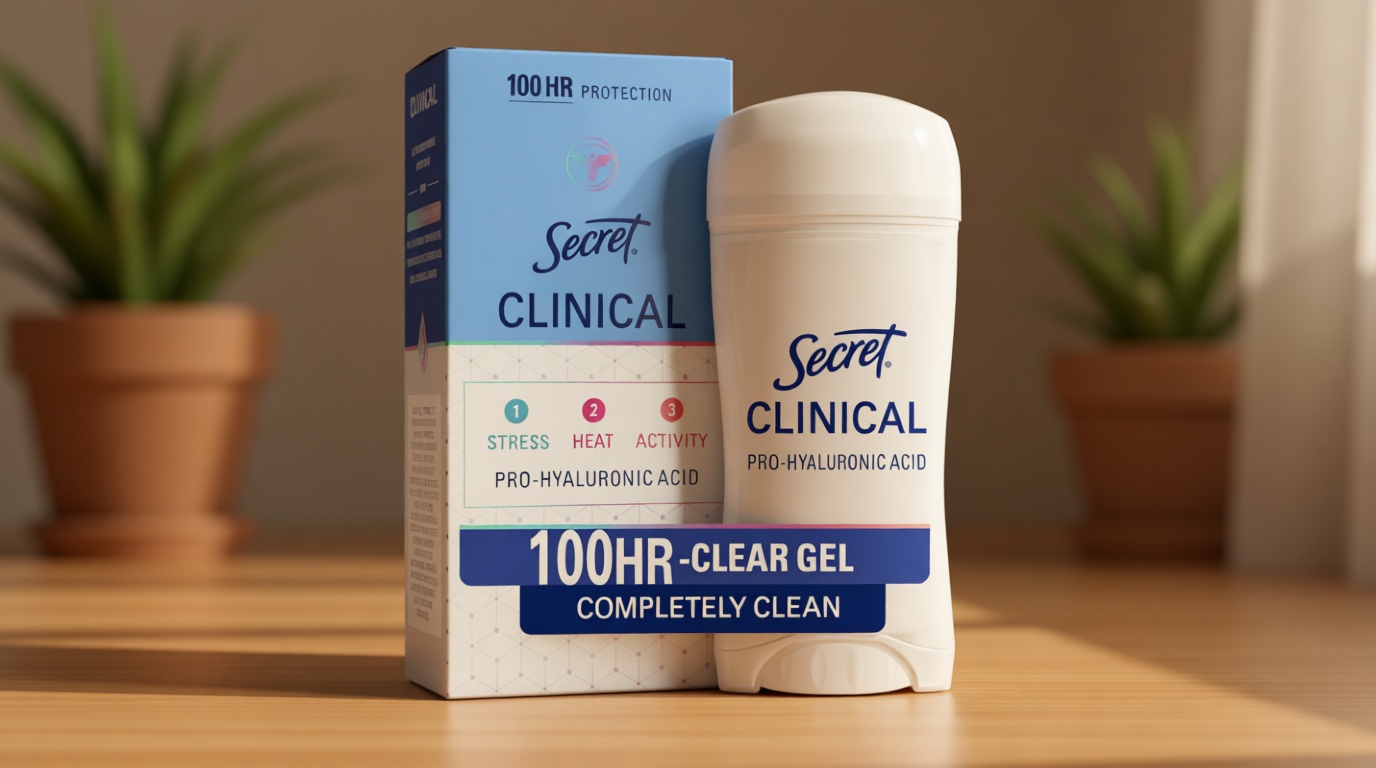 Secret Clinical Strength Antiperspirant Deodorant for Women, 100hr Sweat & Odor Protection, 3X Stress Protection with Hyaluronic Acid, PH Balancing Minerals, Clear Gel, Completely Clean Scent, 2.6 oz