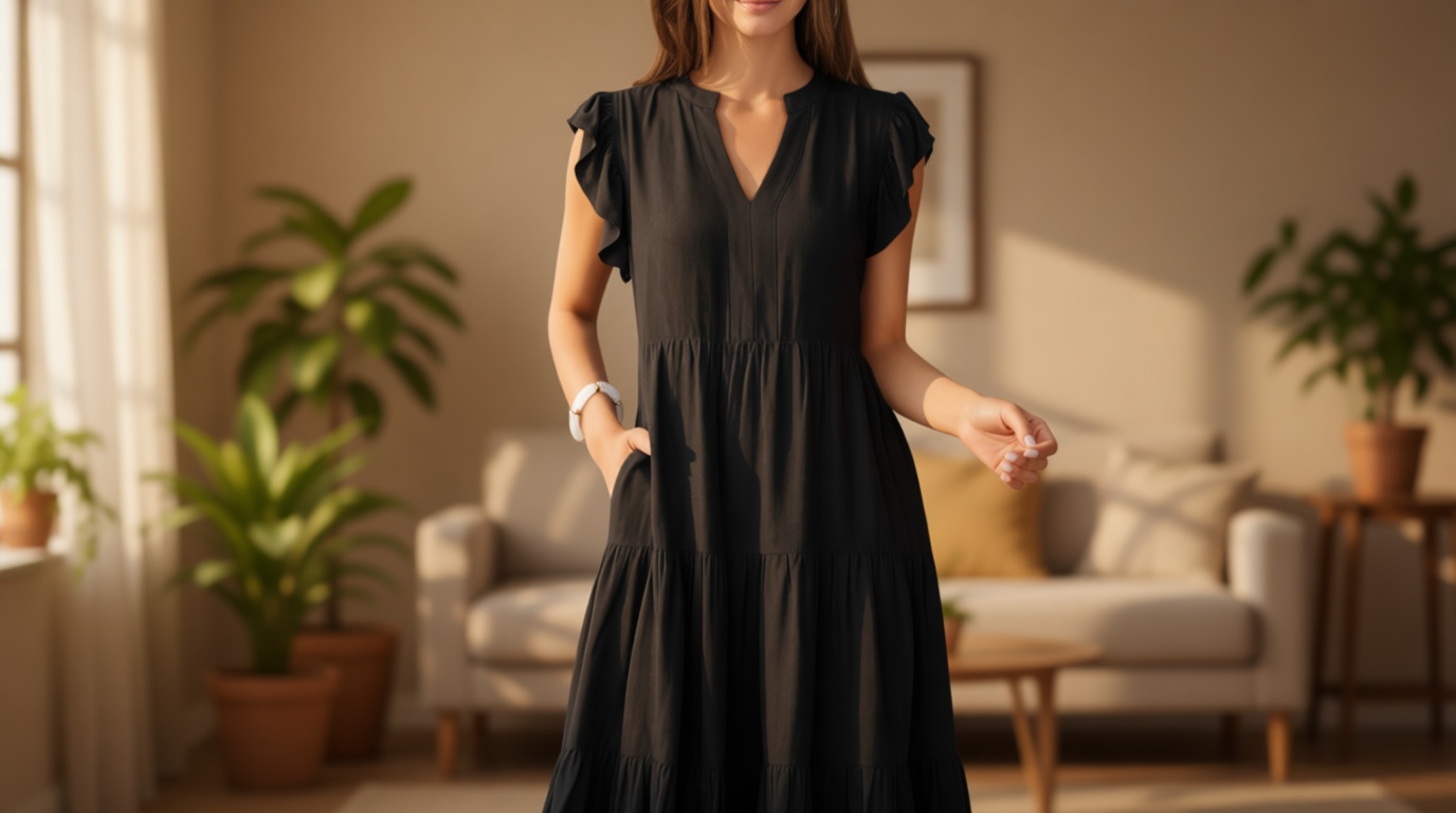 ANRABESS Womens Summer Dress Ruffle Sleeve V Neck Midi Dresses Fashion Casual Fit Flowy Tiered Boho Beach Vacation Sundress