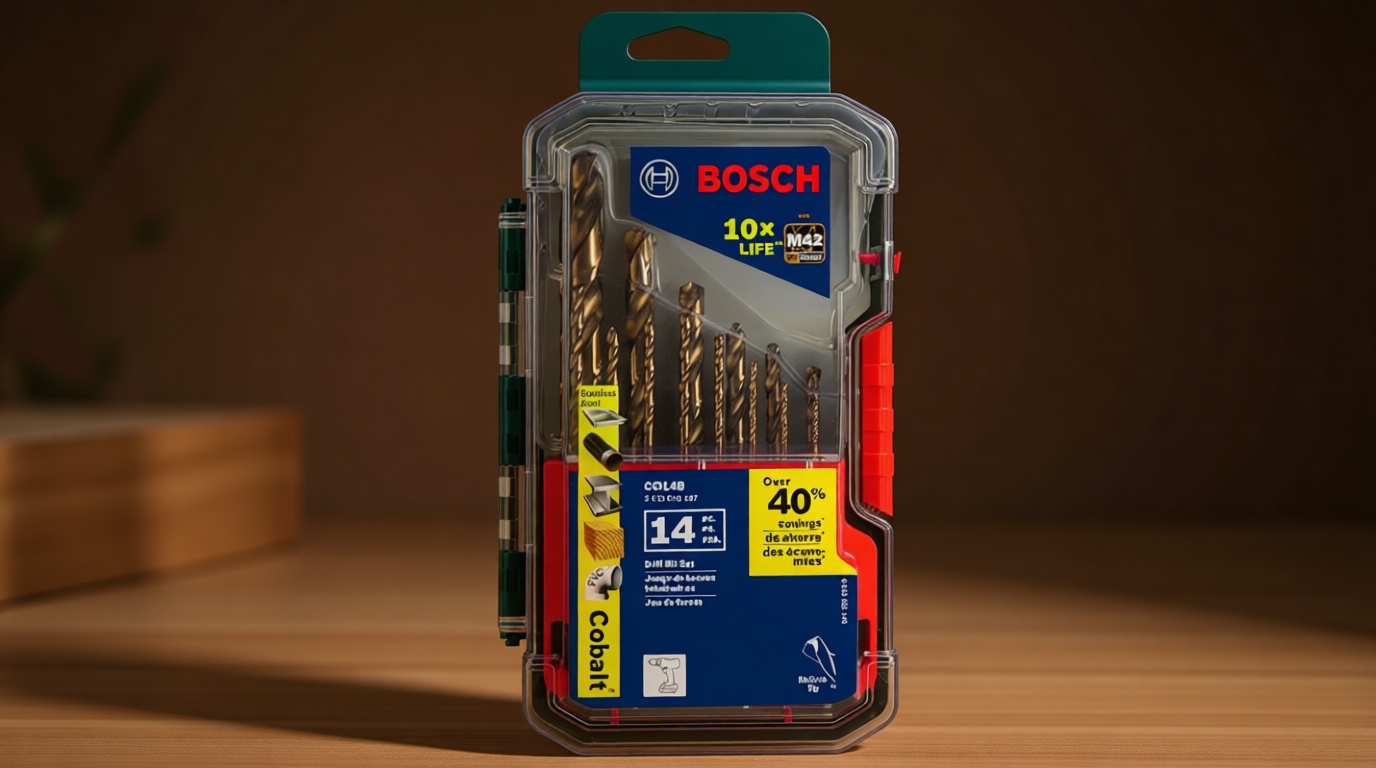 BOSCH CO14B 14-Piece Assorted Set with Included Case - Cobalt M42 Metal Drill Bits with Three-Flat Shank for Drilling Applications in Stainless Steel, Cast Iron, Titanium, and Light-Gauge Metal