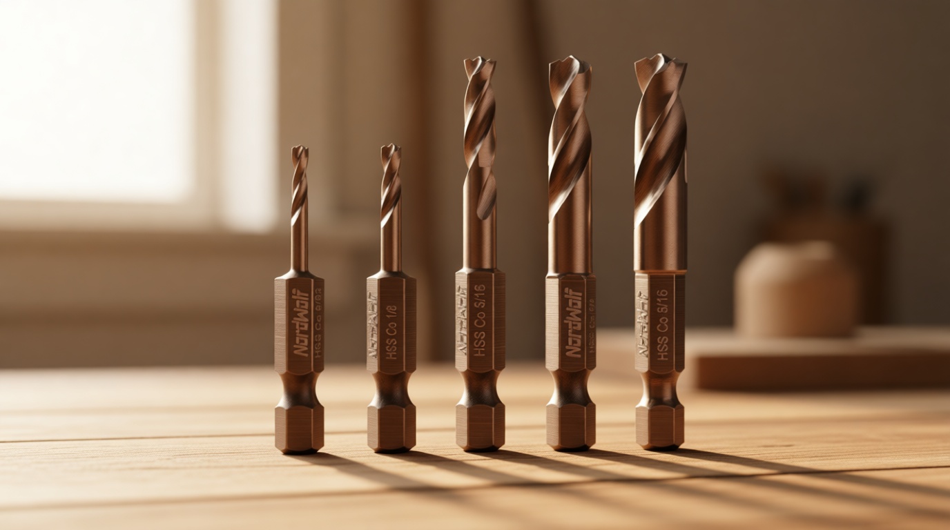 NordWolf 5-Piece M35 Cobalt Stubby Drill Bit Set for Stainless Steel & Hard Metals, with 1/4" Hex Shank for Quick Chucks & Impact Drivers, SAE Sizes 3/32"-1/8"-3/16"-1/4"-5/16" in Storage Box