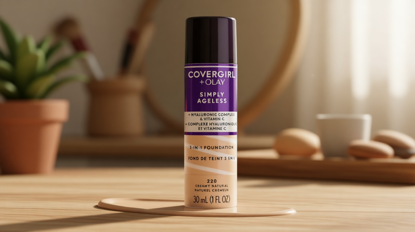 COVERGIRL & Olay Simply Ageless 3-in-1 Liquid Foundation, Matte Finish, Hyaluronic & Vitamin C Formula, 220 Creamy Natural, 1 Count