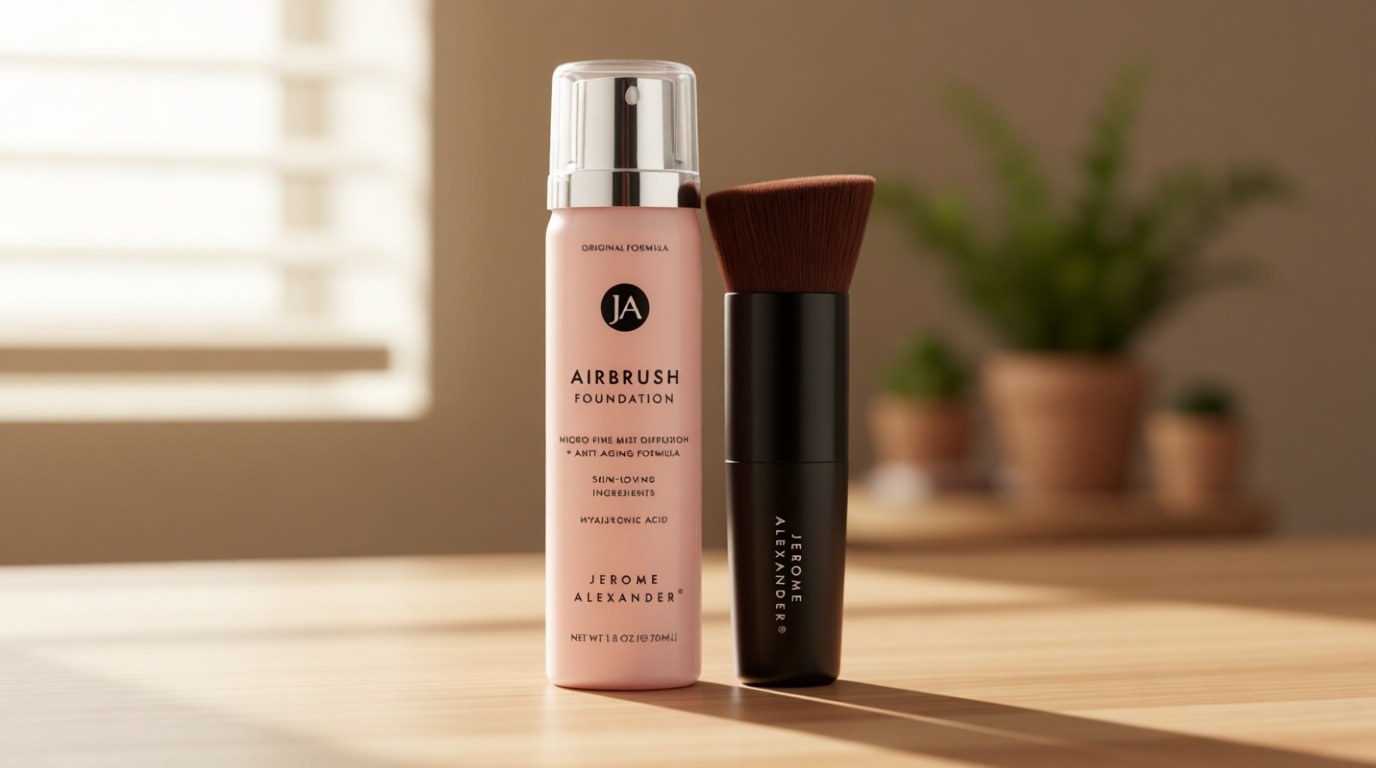 Jerome Alexander MagicMinerals AirBrush Foundation – 2 Piece Set with Airbrush Foundation and Kabuki Brush - Spray Makeup with Anti-aging Ingredients for Smooth Radiant Skin - Light Medium