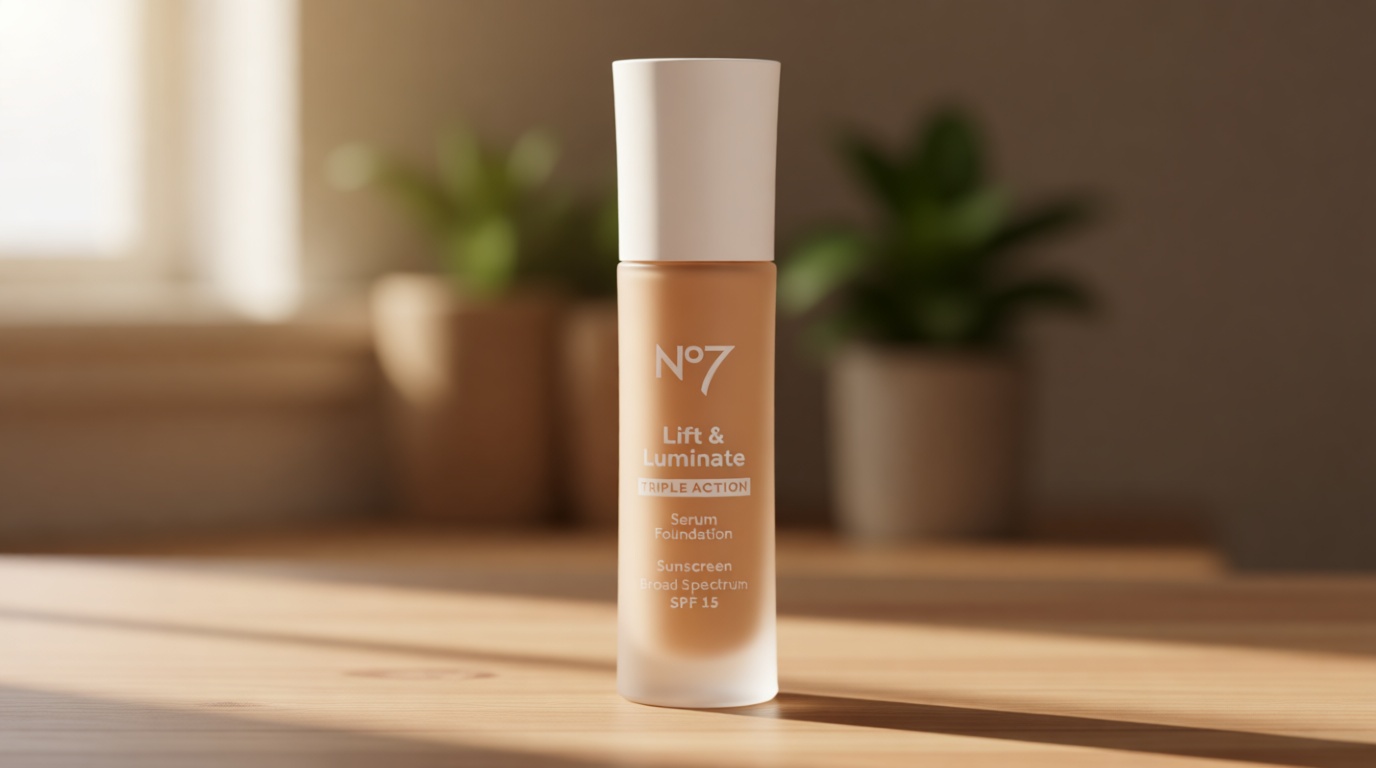 No7 Lift & Luminate Triple Action Serum Foundation - Liquid Makeup with SPF 15 for a Dewy, Glowy Base - Radiant Formula for Mature Skin - Cool Vanilla (1 Fl Oz)