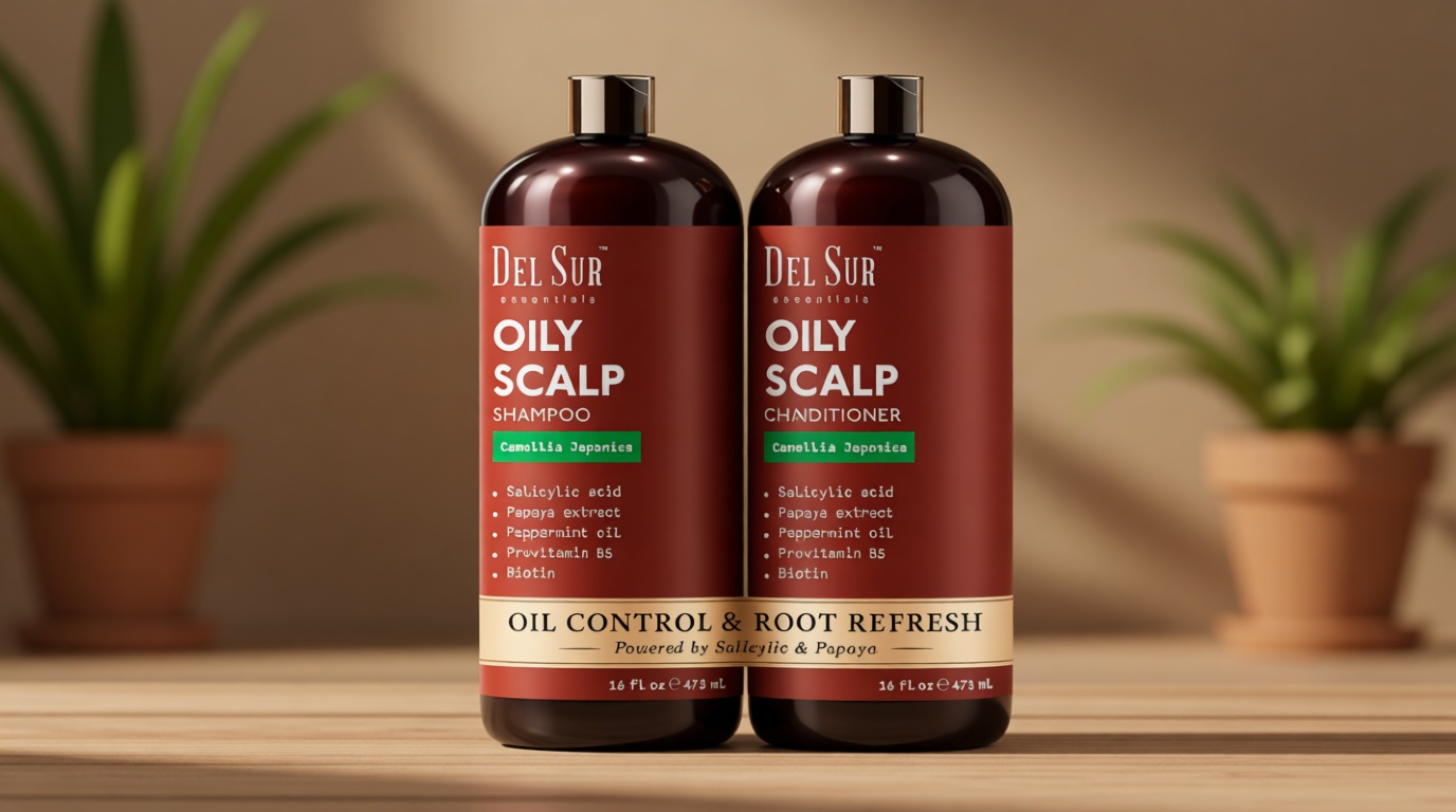 DEL SUR Clarifying Shampoo and Conditioner Set for Oily Hair | 16 fl oz | with Camellia Japonica, Salicylic Acid, Papaya & Biotin | Scalp Oil Control for Oily Roots & Greasy Hair