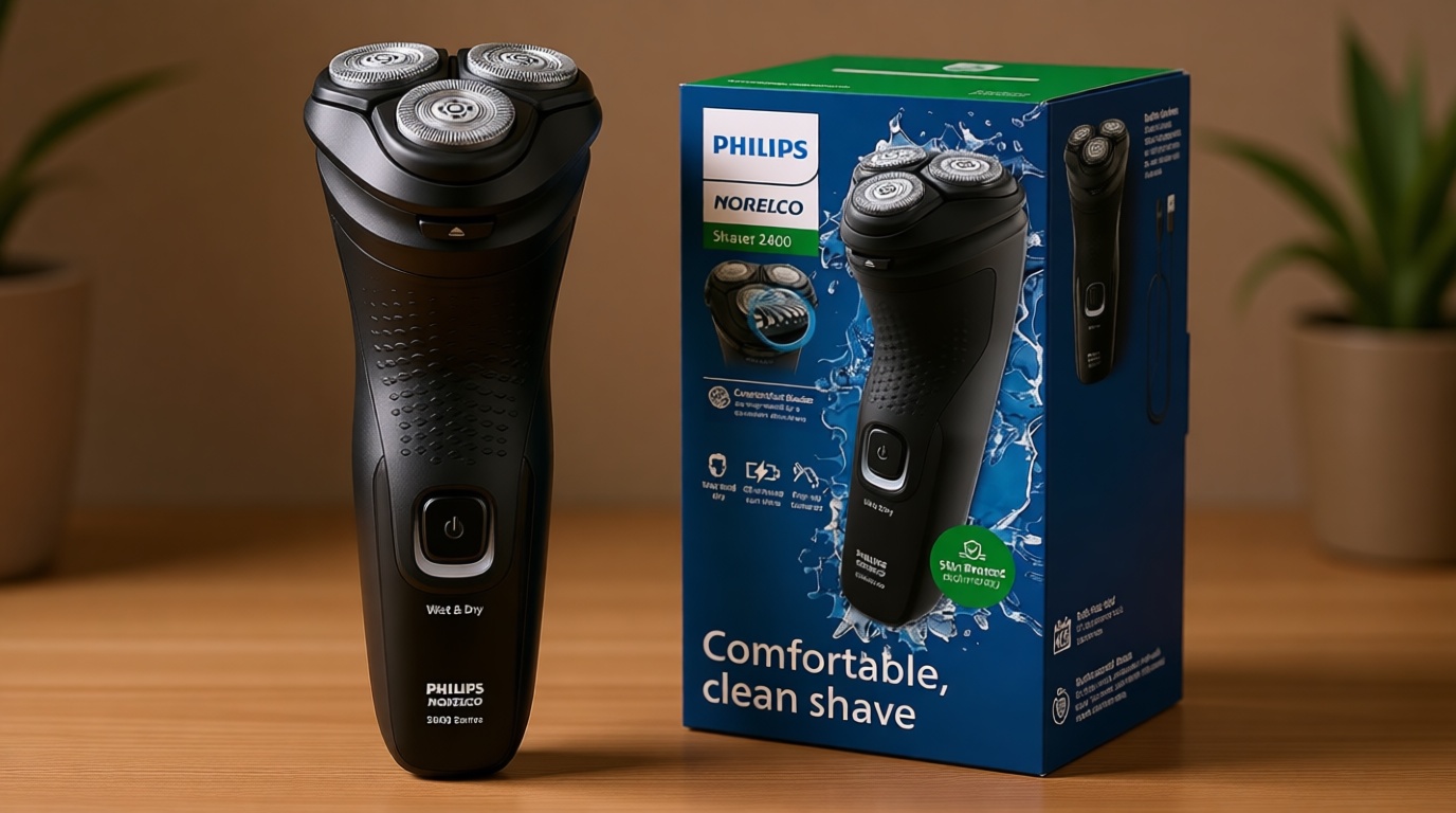 Philips Norelco Shaver 2400 Series, Wet and Dry Electric Shaver, Pop-up Trimmer, P-Cap, Deep Black, Model X3001/90 GreenCircle Certified: Certified Environmental Facts Label