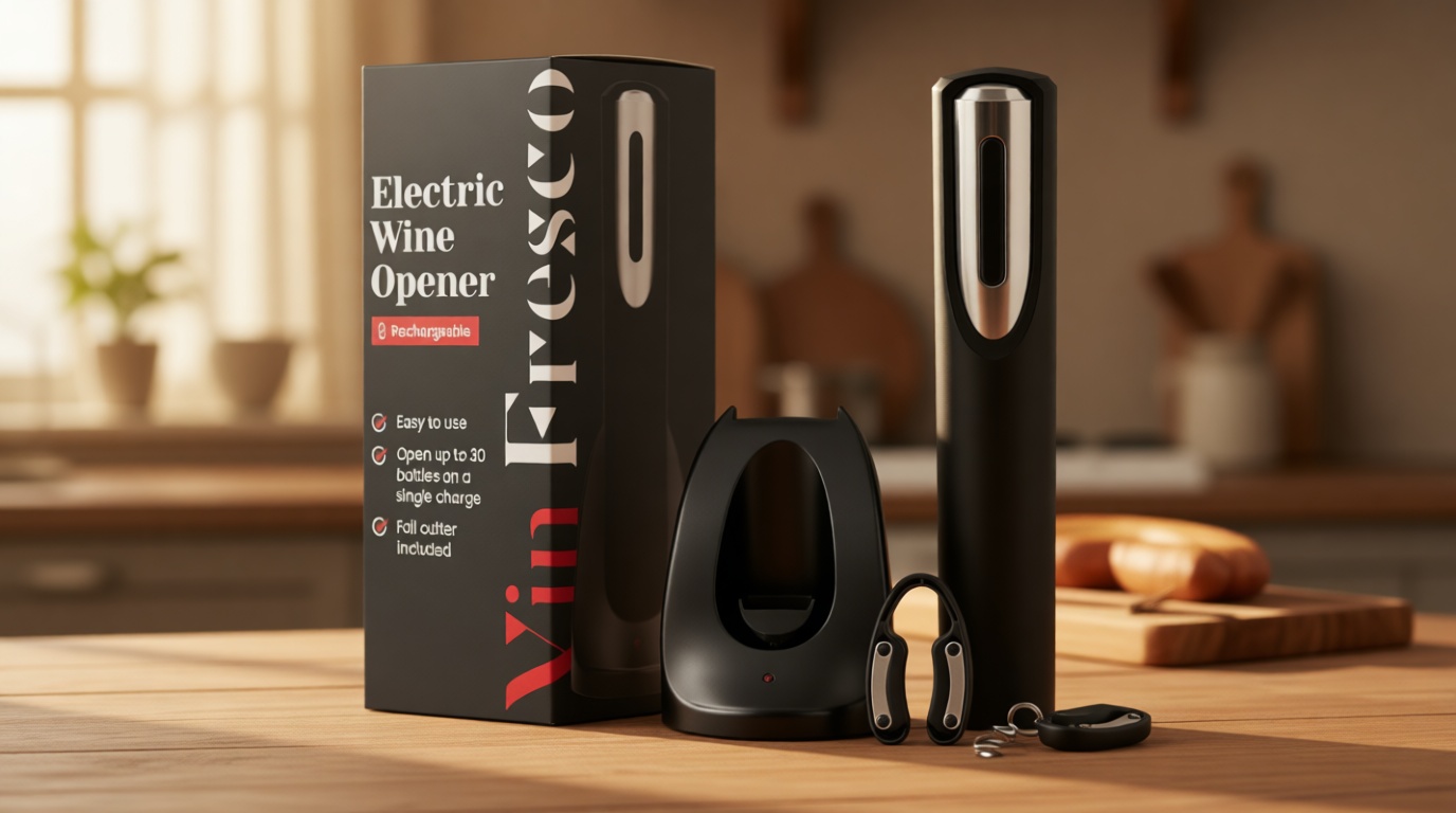 Rechargeable Electric Wine Bottle Opener - Charging Base and Foil Cutter Included with Automatic Wine Opener - Electric Corkscrew for Easy Cork Removal - Best Gift for Wine Lover (Black & Silver)