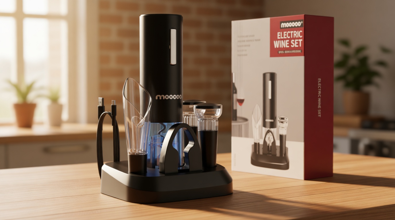 Moocoo Electric Wine Opener with Charging Base, Cordless Electric Wine Bottle Opener with 2-in-1 Aerator &Pourer, Foil Cutter, 2 Vacuum Preservation Stoppers, Display Charging Station for Easy Storage