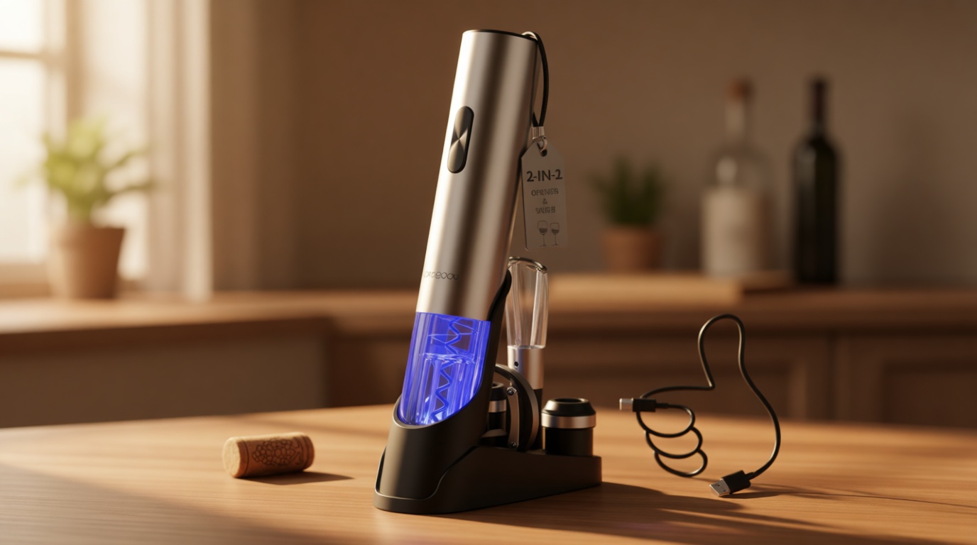 CIRCLE JOY Electric Wine Opener 7-in-1 Stainless Steel Rechargeable Electric Wine Bottle Opener Set with Automatic Vacuum Pump, Foil Cutter, Wine Pourer, 2 Vacuum Stoppers & Charging Station, Silver