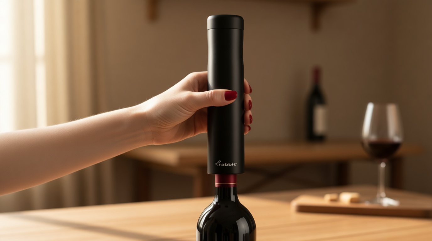 Rabbit Automatic Electric Corkscrew Wine Opener, Cordless Rechargeable, One-Touch Operation, Sleek Shiny Black Finish, Easy to Use for Wine Lovers