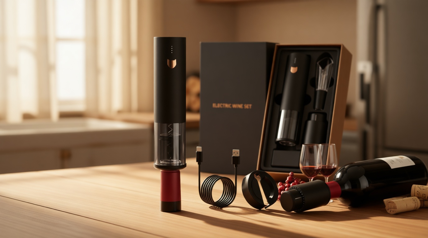 Wine Gifts-Electric Wine Opener-Automatic Wine Opener Rechargeable-Cordless Electric Corkscrew-Wine Bottle Opener with Foil Cutter, 2 in 1 Aerator Pourer, Vacuum Stopper, Gift Box Global Recycled Standard