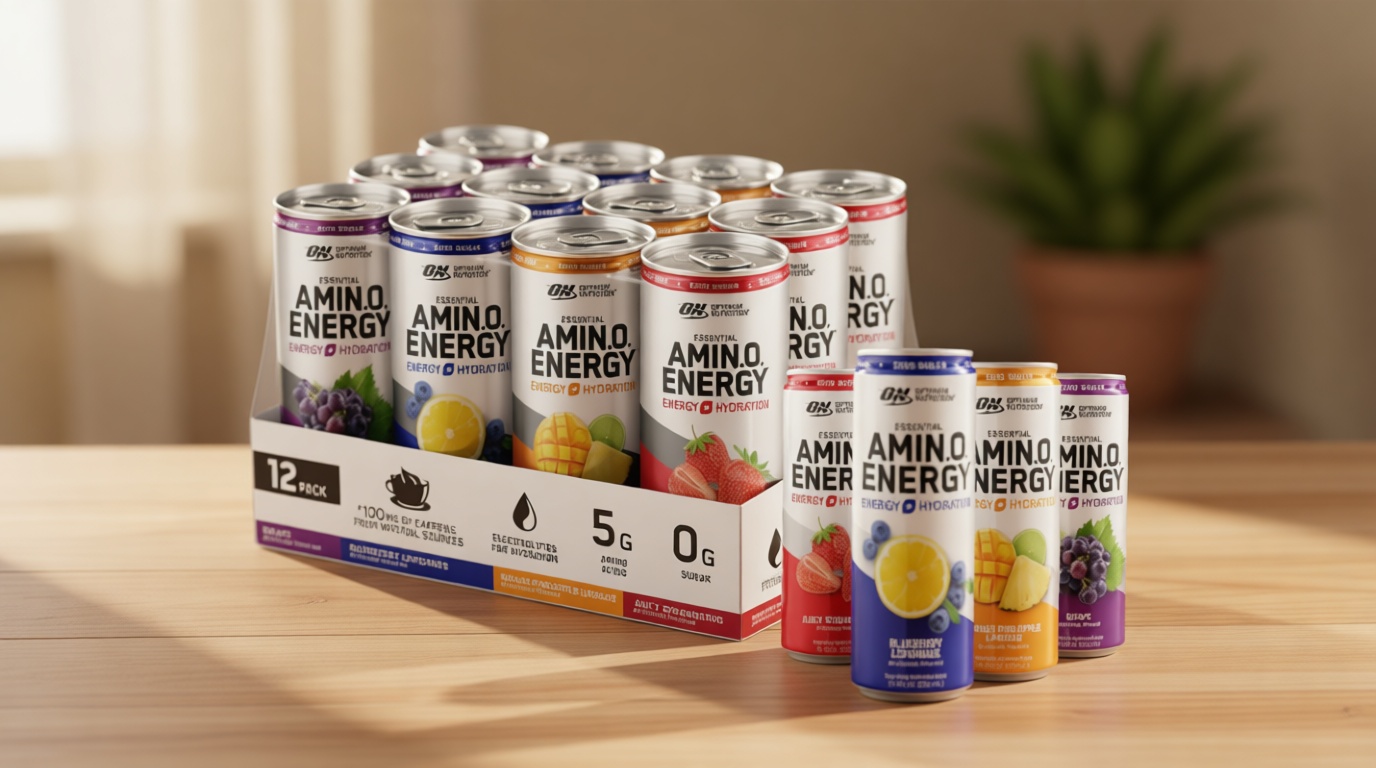 Optimum Nutrition Amino Energy Sparkling Hydration Drink, Electrolytes, Caffeine, Amino Acids, BCAAs, Sugar Free, 12 Fl Oz, Variety Pack of 12 (Packaging May Vary)