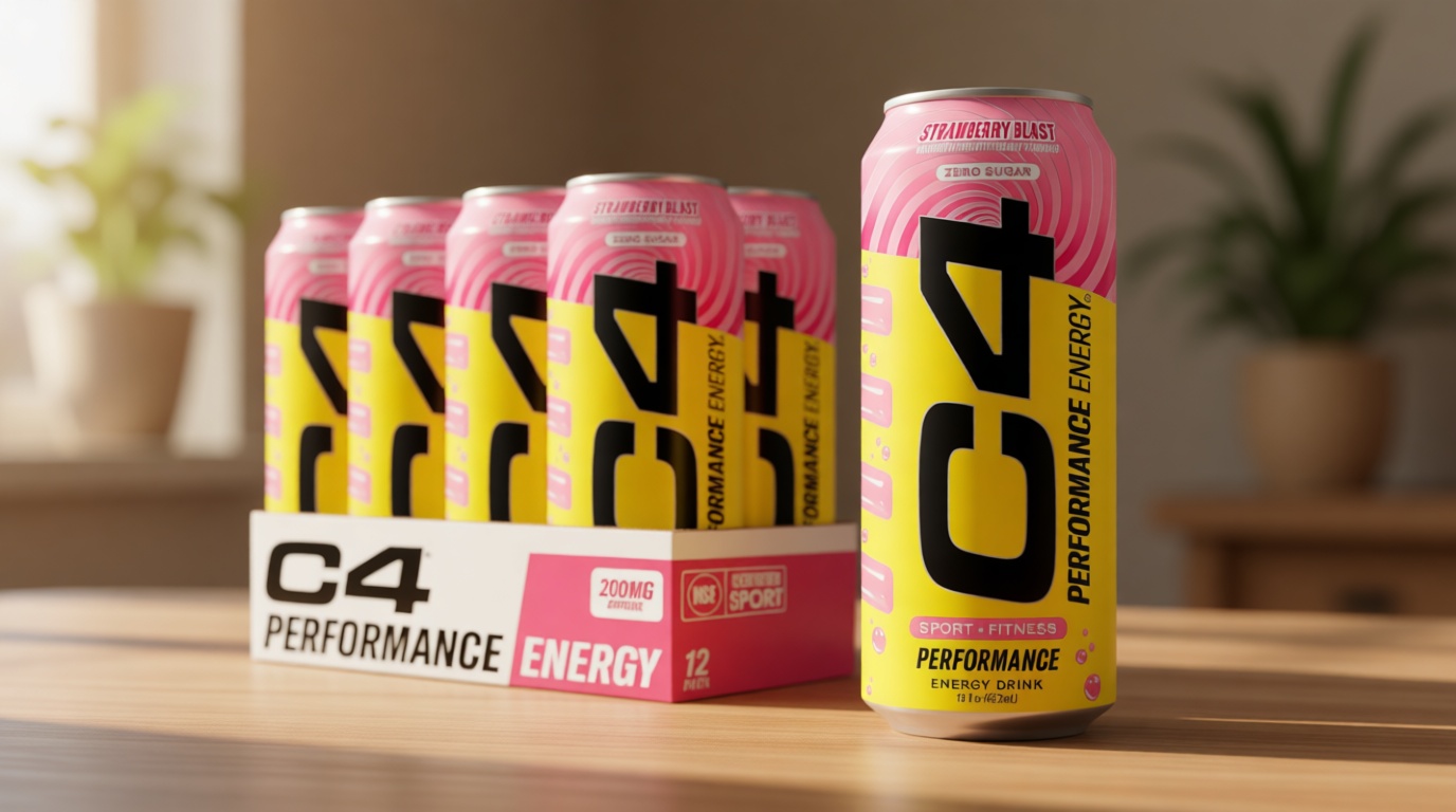 Cellucor C4 Performance Energy Drink | Strawberry Blast | Zero Sugar Carbonated Preworkout Energy | 200mg Caffeine with Beta Alanine | 16 Fl Oz (12 Pack)