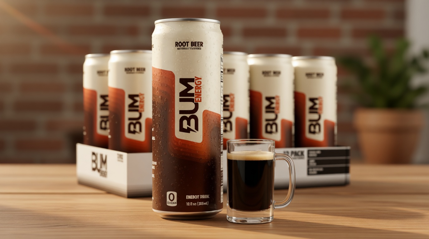 BUM Sugar-Free Energy Drink, Root Beer - Lightly Carbonated & No Artificial Colors, Natural Caffeine & Citicoline for Energy & Focus, Brain Boost & Workout Sports Beverage - 12 oz, Pack of 12