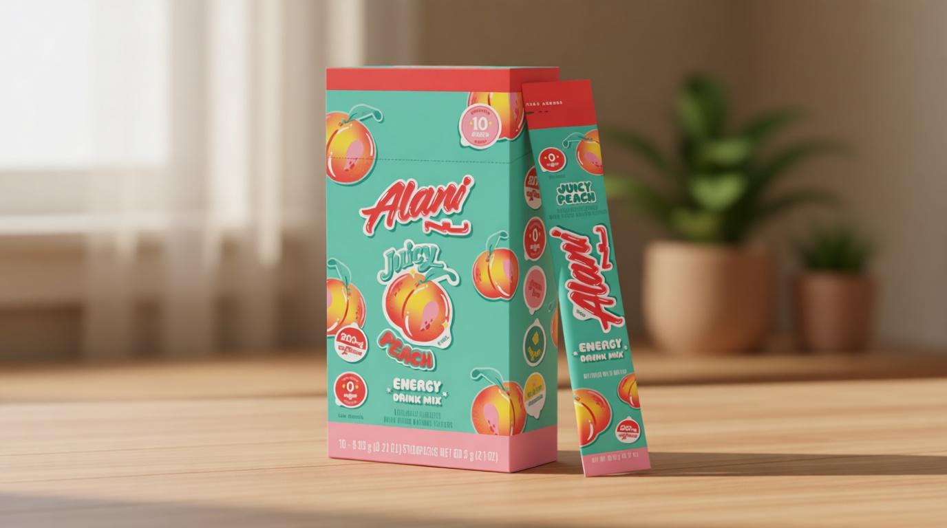Alani Nu JUICY PEACH Energy Sticks | Energy Drink Powder | 200mg Caffeine | Pre Workout Performance with Antioxidants | On-The-Go Drink Mix | Biotin, B Vitamins | Zero Sugar | 10 Calories | 10 Pack