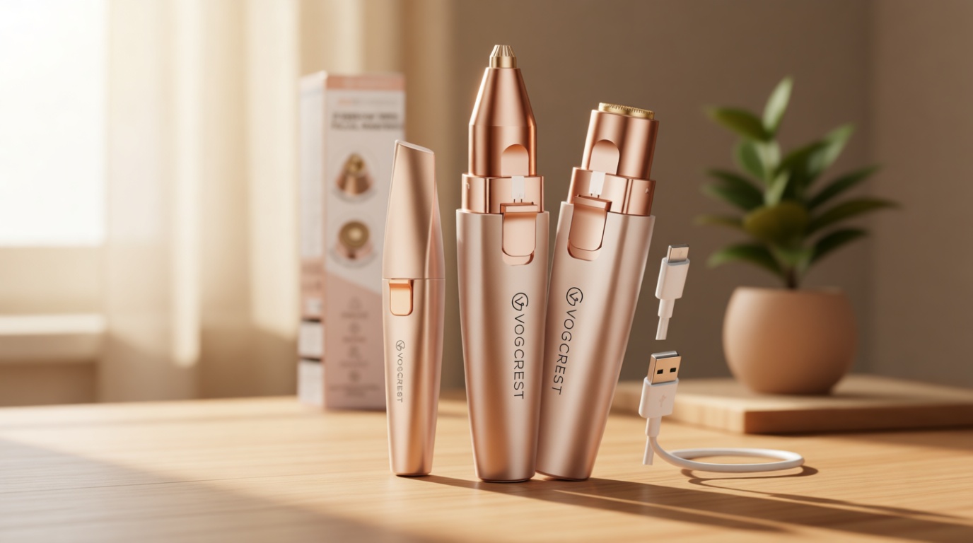 VG VOGCREST Eyebrow & Facial Trimmer: 2 in1 Rechargeable Facial Hair Removal & Eyebrow Shaver - Body Razor with Built-in LED Light (Rose Gold)