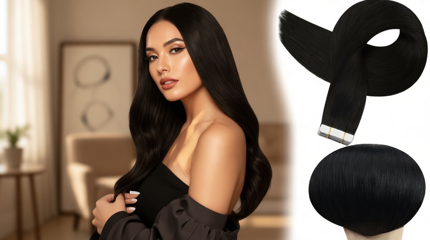 Full Shine Tape in Hair Extensions Human Hair Extensions 18Inch Remy Tape ins Human Hair Extensions Color 1 Jet Black Fashion Extension, Seamless Silky Straight Skin Weft 20Pcs 50G Add Length for Wedding ClimeCo Certified