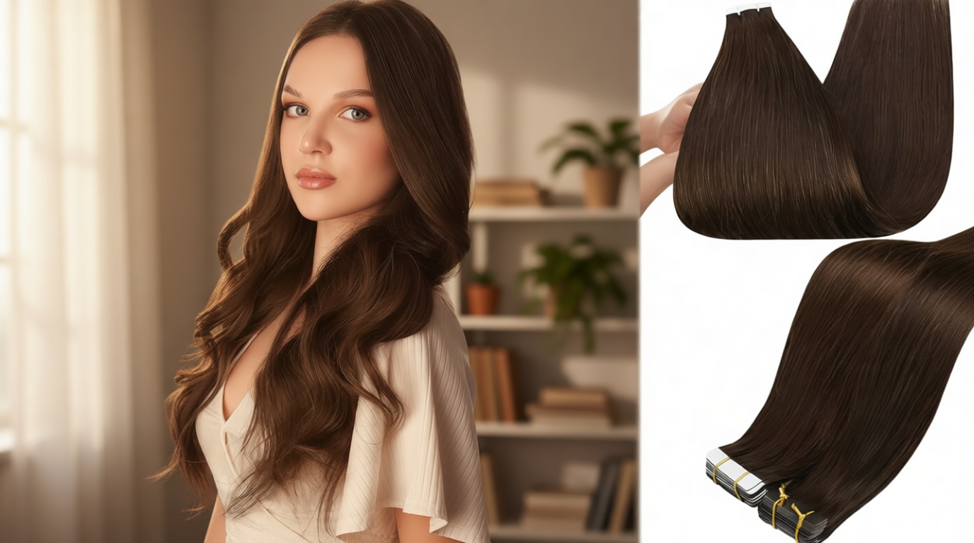 Full Shine Tape in Hair Extensions Real Remy Human Hair Invisible Seamless Skin Weft Human Hair Tape in Extensions Color 2 Dark Brown Human Hair Extensions Brazilian Hair 18Inch 50G 20Pcs Add Length ClimeCo Certified