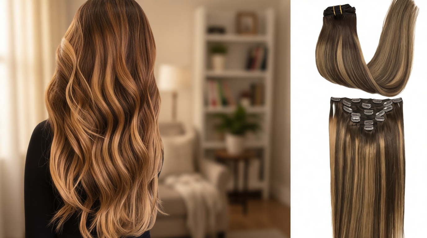 GOO GOO Clip in Hair Extensions Real Human Hair, Remy Human Hair Extensions Clip ins for Women, Natural Human Hair, 16inch 120g 7Pcs, 4/27/4 Balayage Chocolate Brown to Caramel Blonde